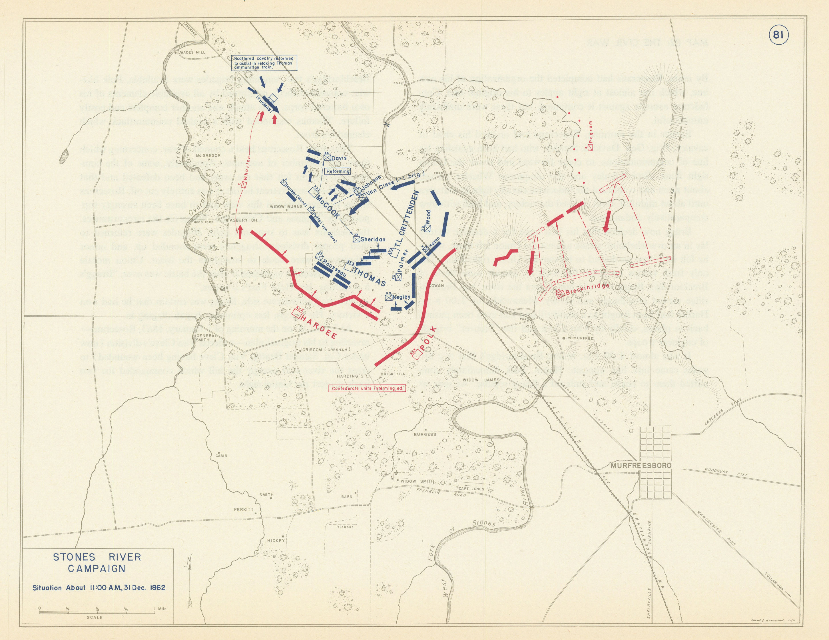 American Civil War. 11am 31 December 1862. Battle of Stones River 1959 old map