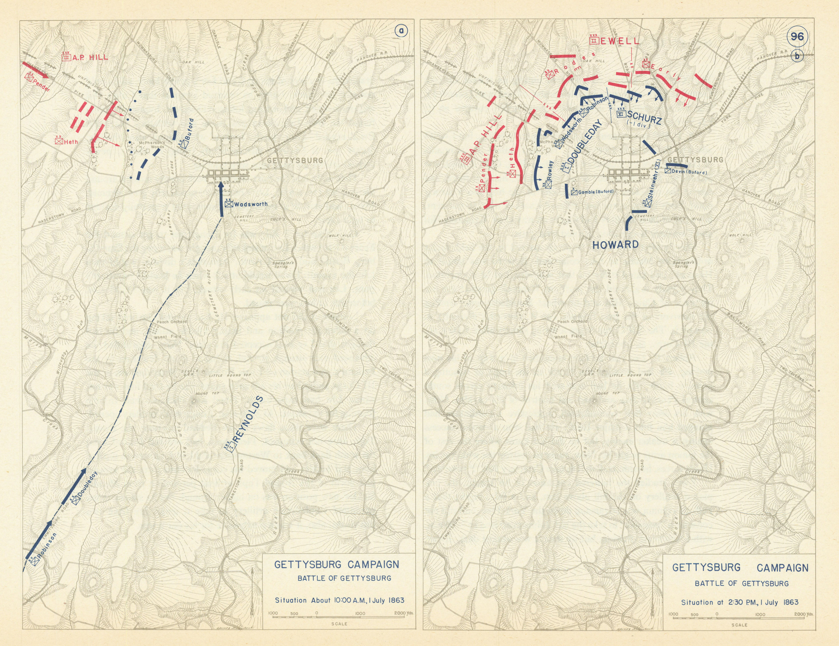 Associate Product American Civil War. 10am-2.30pm 1 July 1863. Battle of Gettysburg 1959 old map