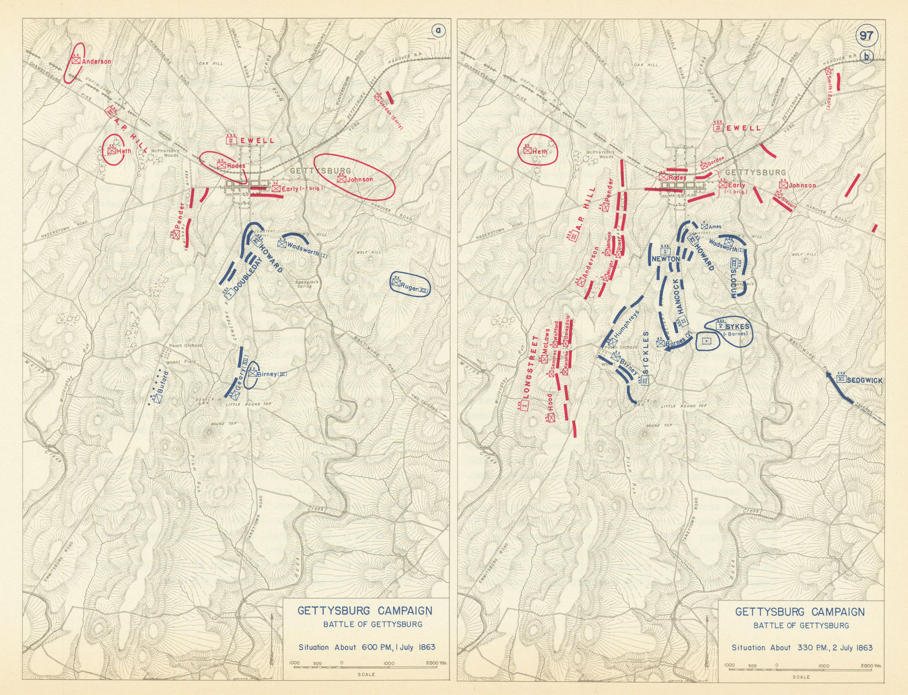 Associate Product American Civil War. 6pm 1 July-3.30pm 2 July 1863. Battle of Gettysburg 1959 map