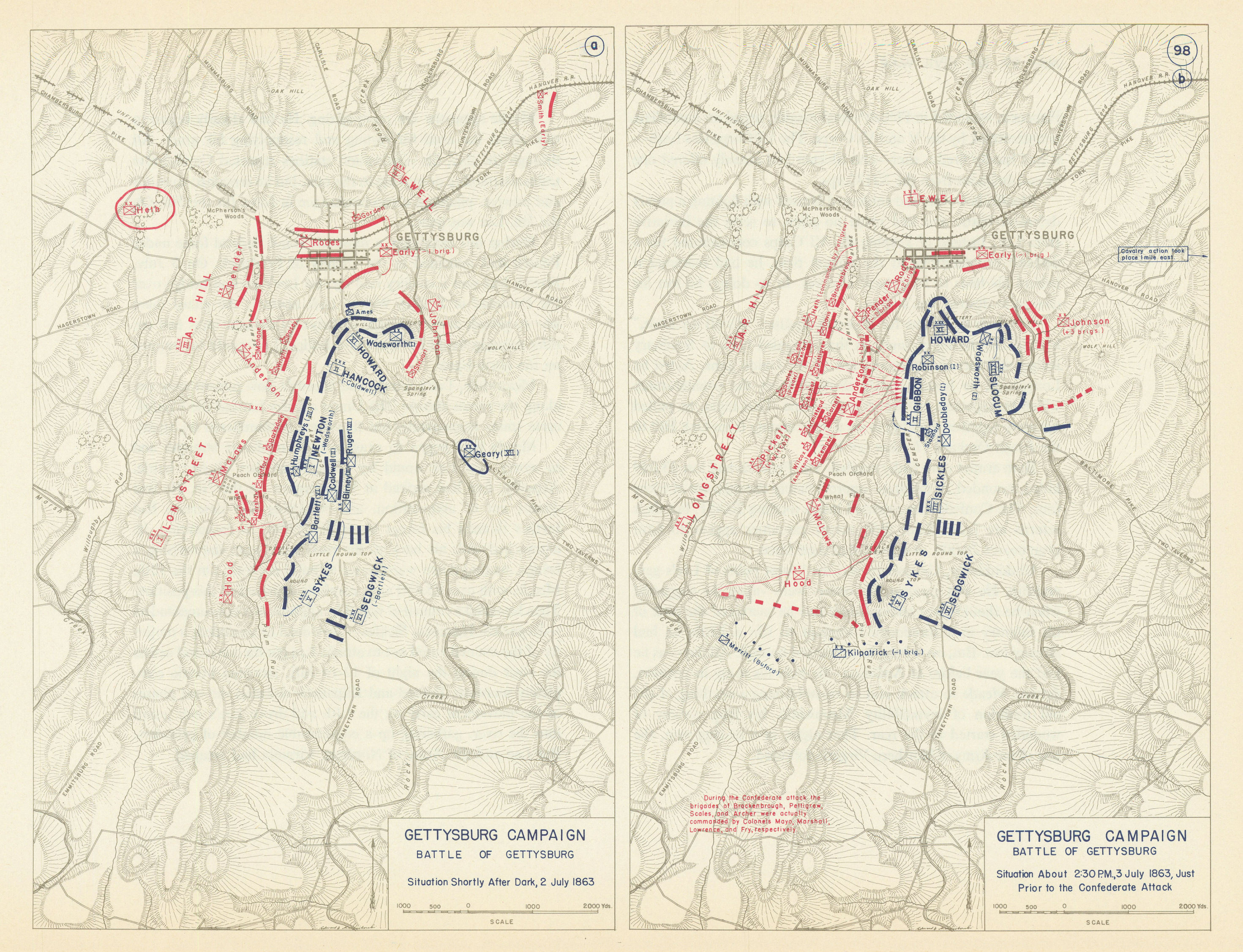 American Civil War. 2 July-2.30pm 3 July 1863. Battle of Gettysburg 1959 map