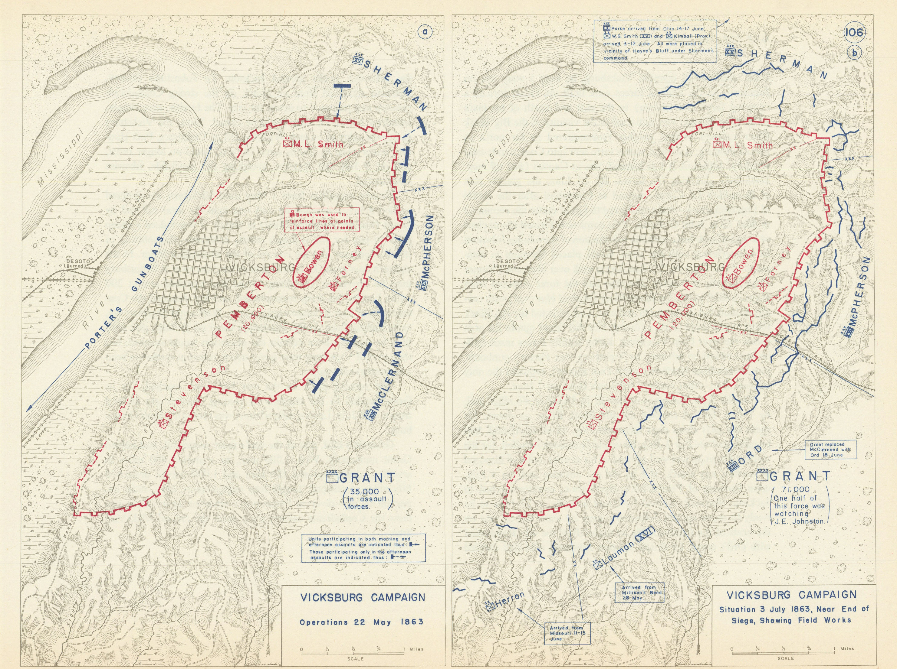 American Civil War. 22 May-3 July 1863 Siege of Vicksburg 1959 old vintage map