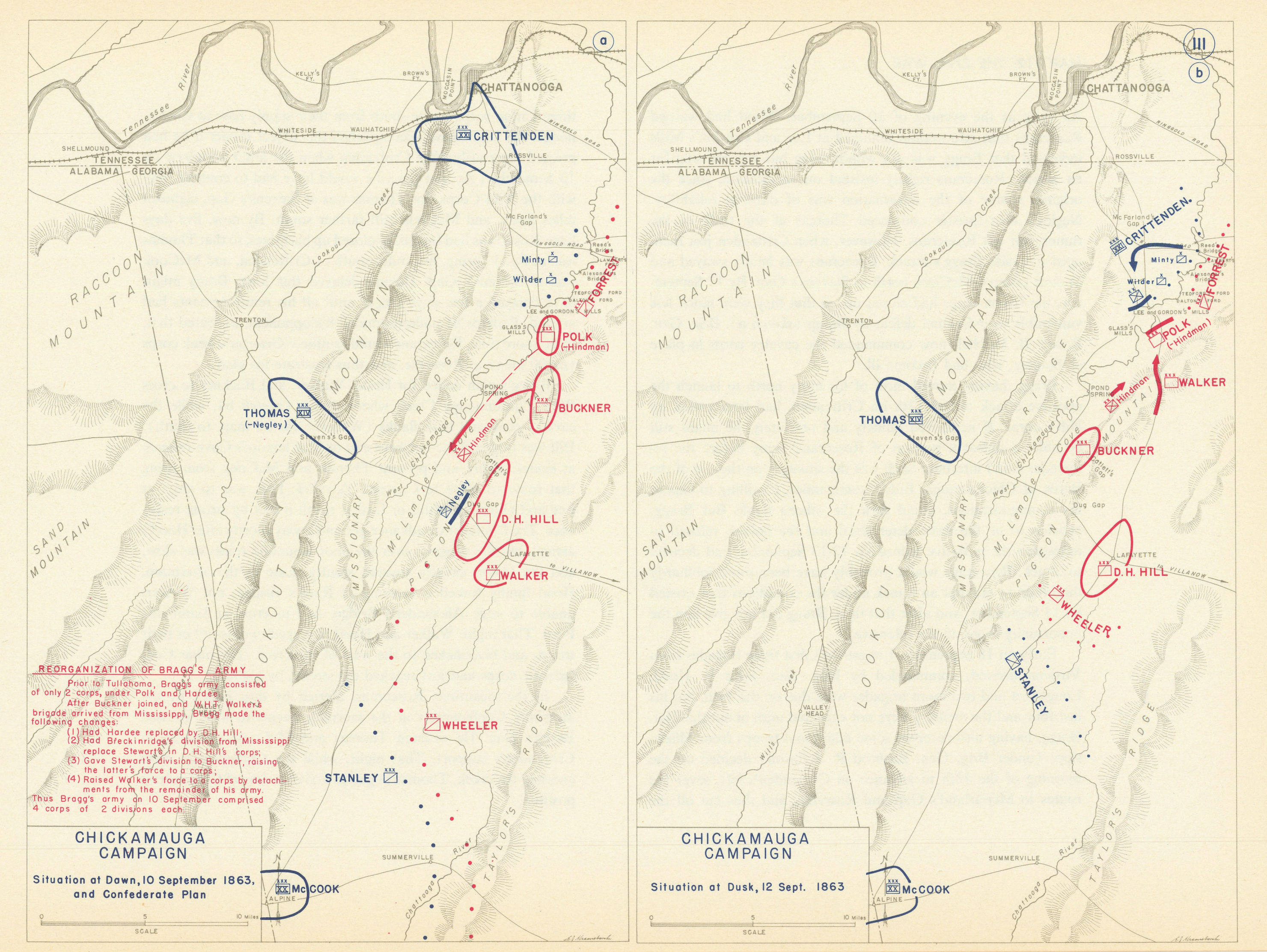 American Civil War. 10-12 September 1863 Chickamauga Campaign 1959 old map