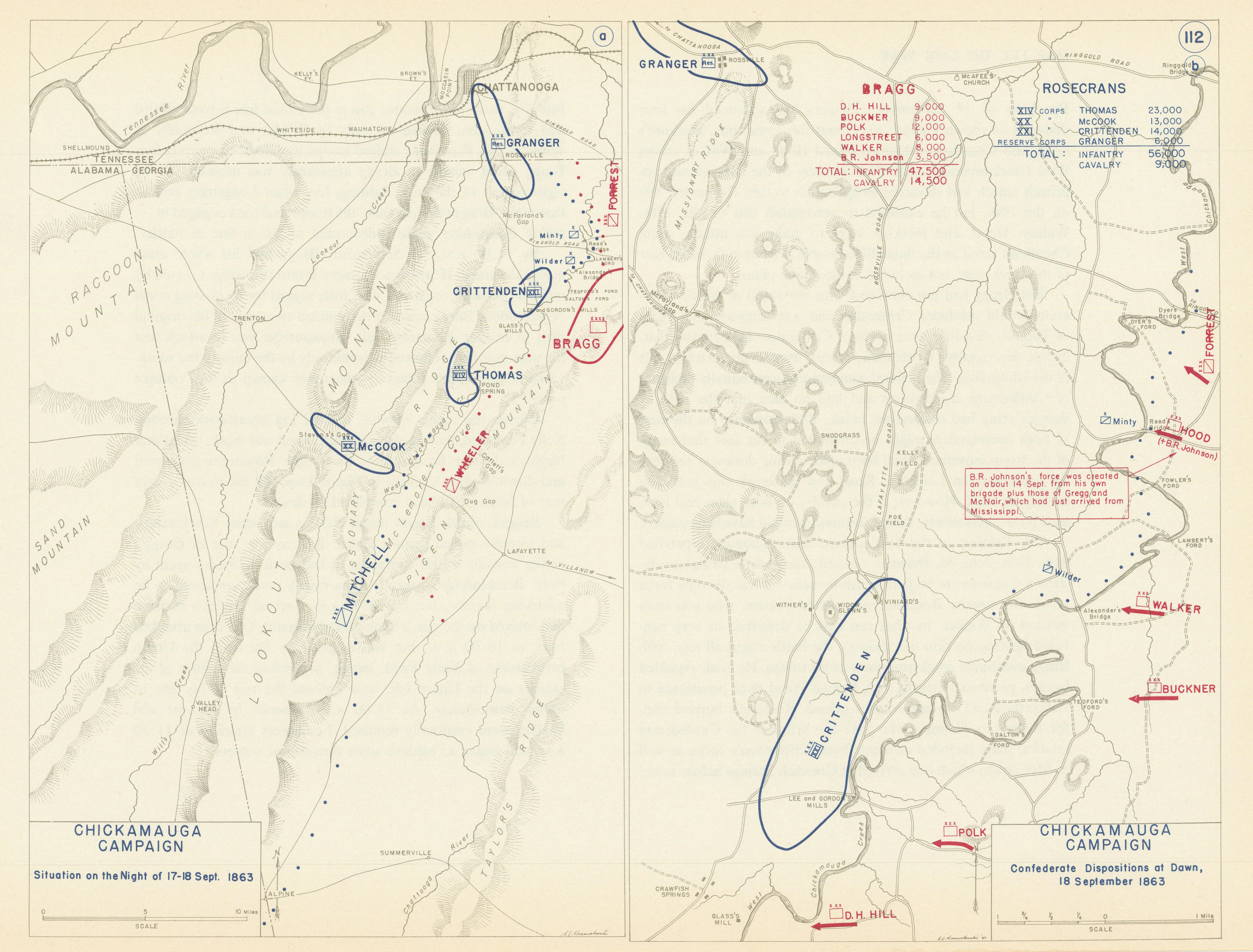 American Civil War. 17-18 September 1863 Battle of Chickamauga 1959 old map