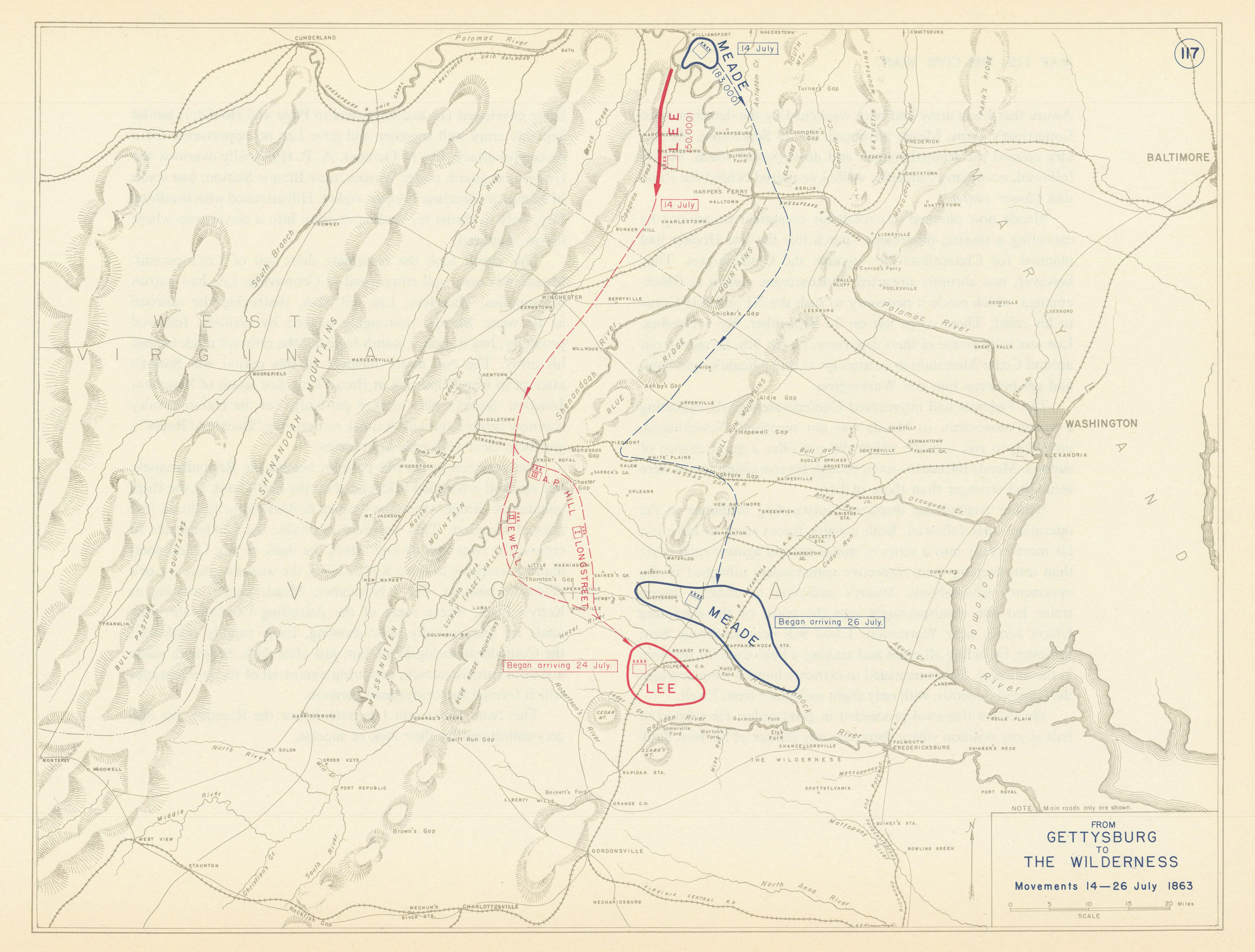 American Civil War. 14-26 July 1863 From Gettysburg to The Wilderness 1959 map