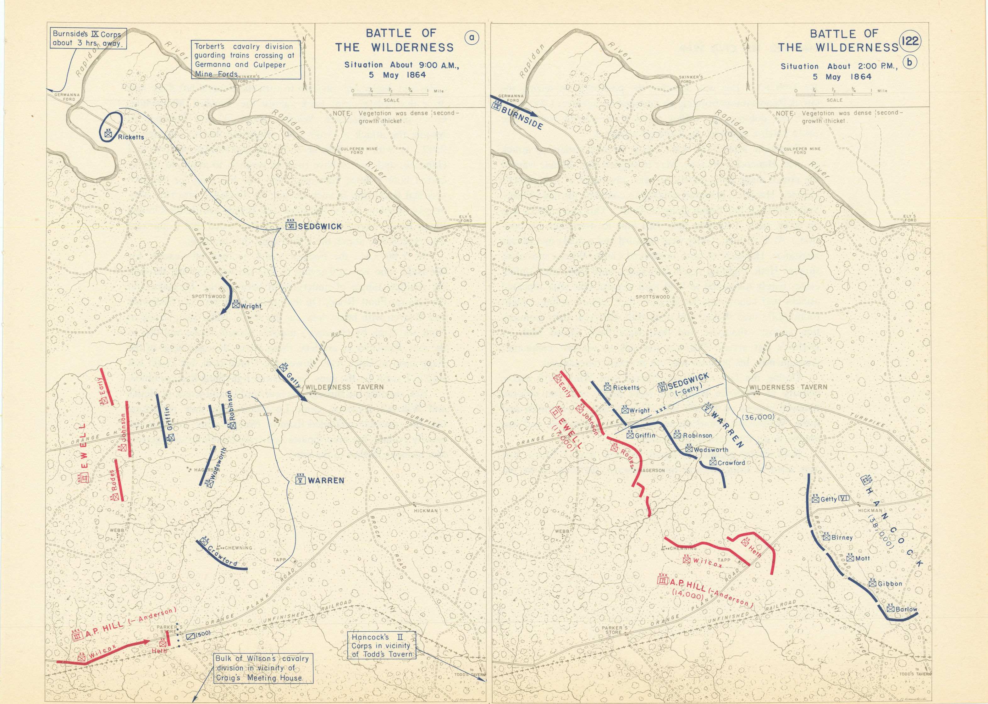 American Civil War. 9am-2pm 5 May 1864 Battle of the Wilderness 1959 old map