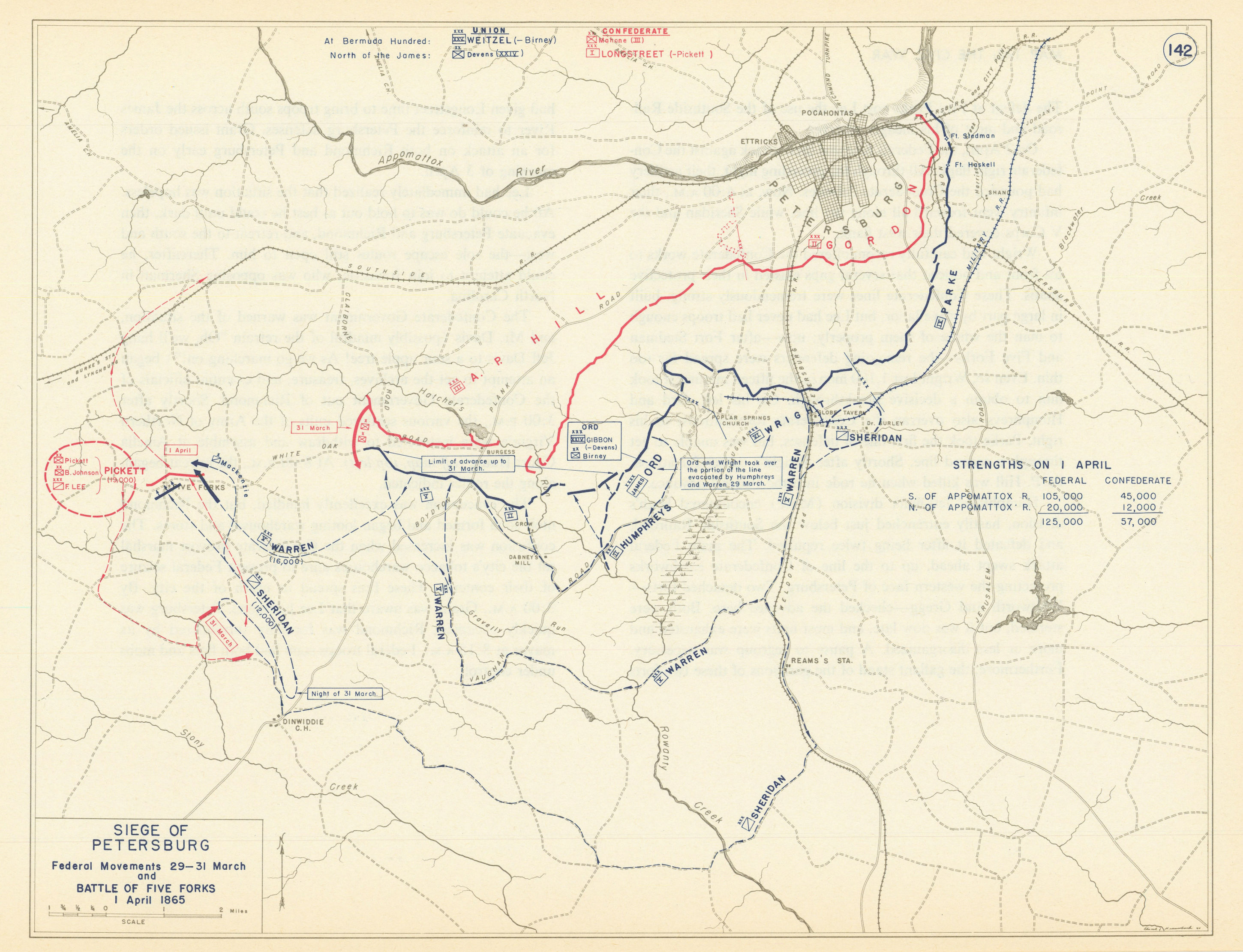 American Civil War. March-April 1865 Siege of Petersburg. Five Forks 1959 map
