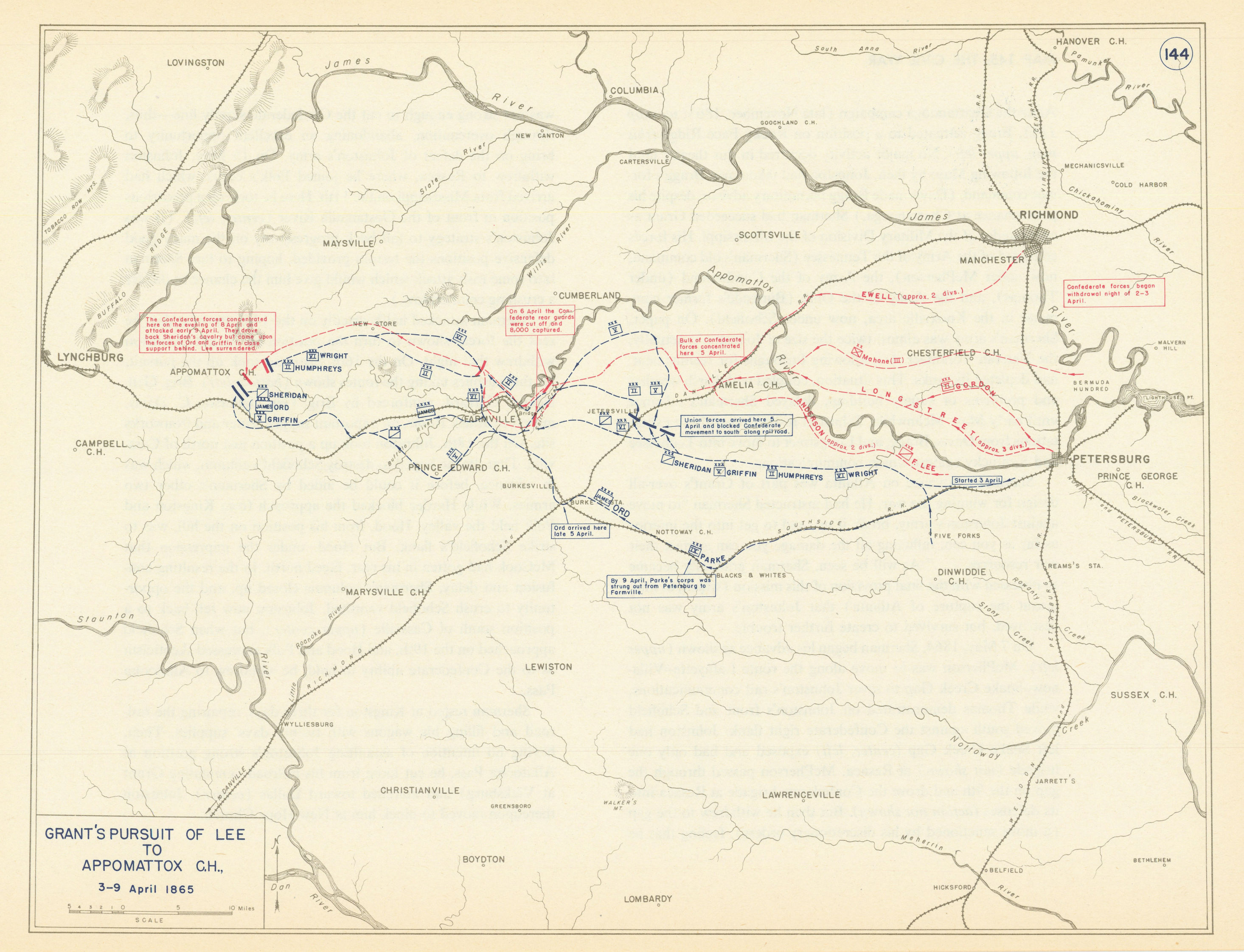 Associate Product American Civil War. April 1865. Grant pursues Lee to Appomattox Court H 1959 map