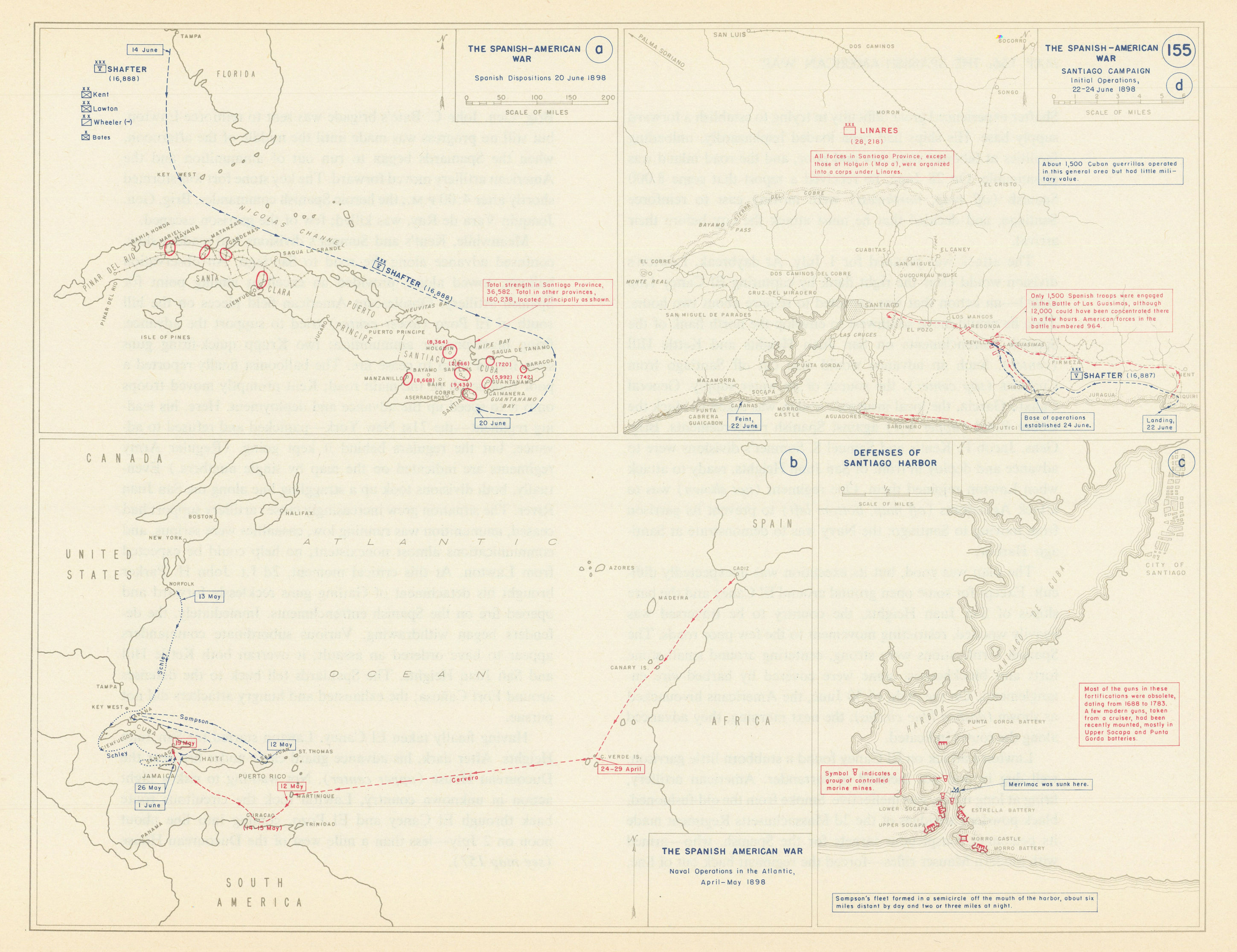 Spanish-American War. April-June 1898 Santiago de Cuba Campaign 1959 old map
