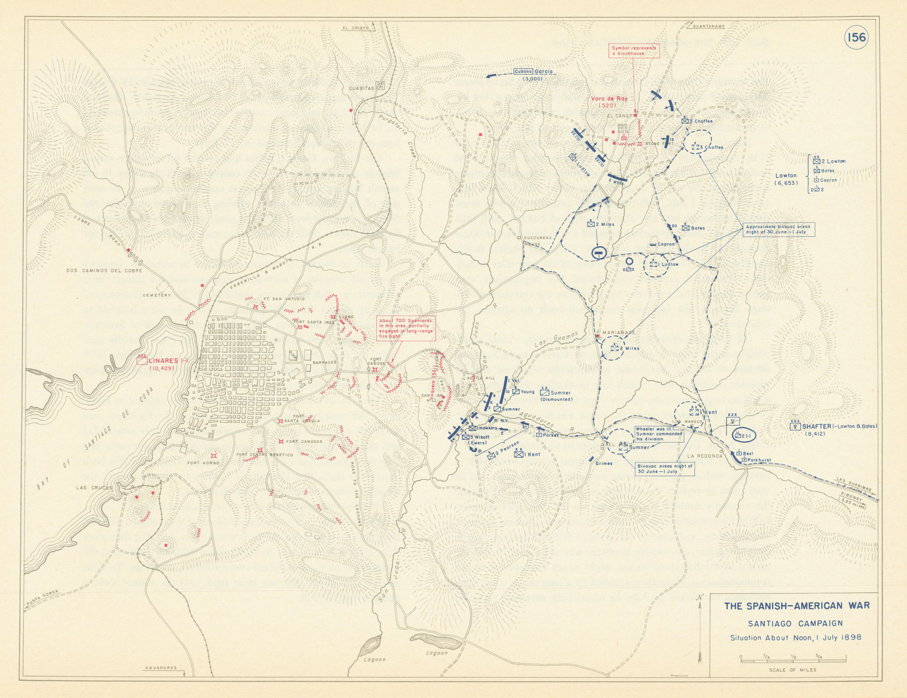 Spanish-American War 1 July 1898 Siege of Santiago de Cuba 1959 old map