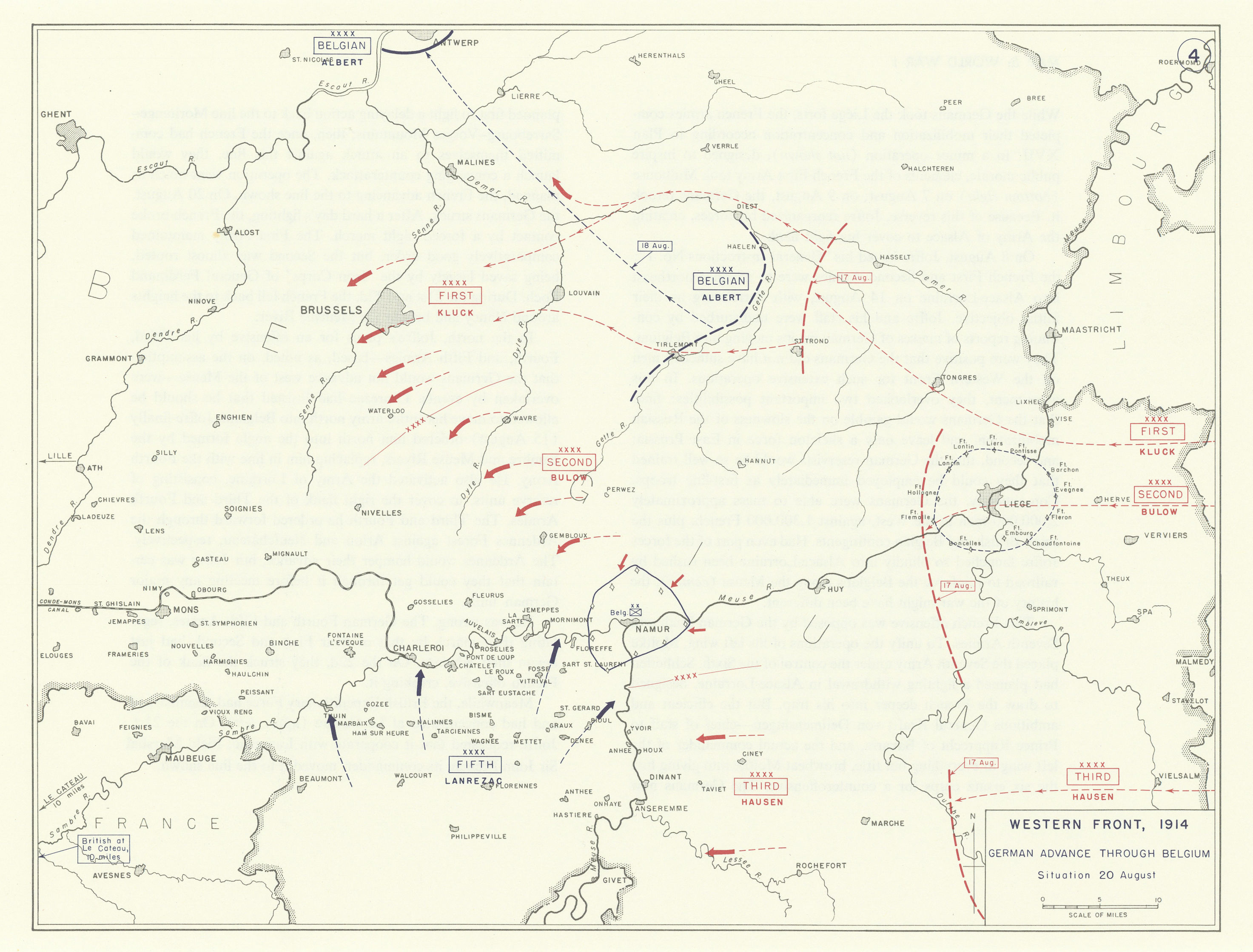 World War 1. Western Front 20 Aug 1914. German Advance through Belgium 1959 map