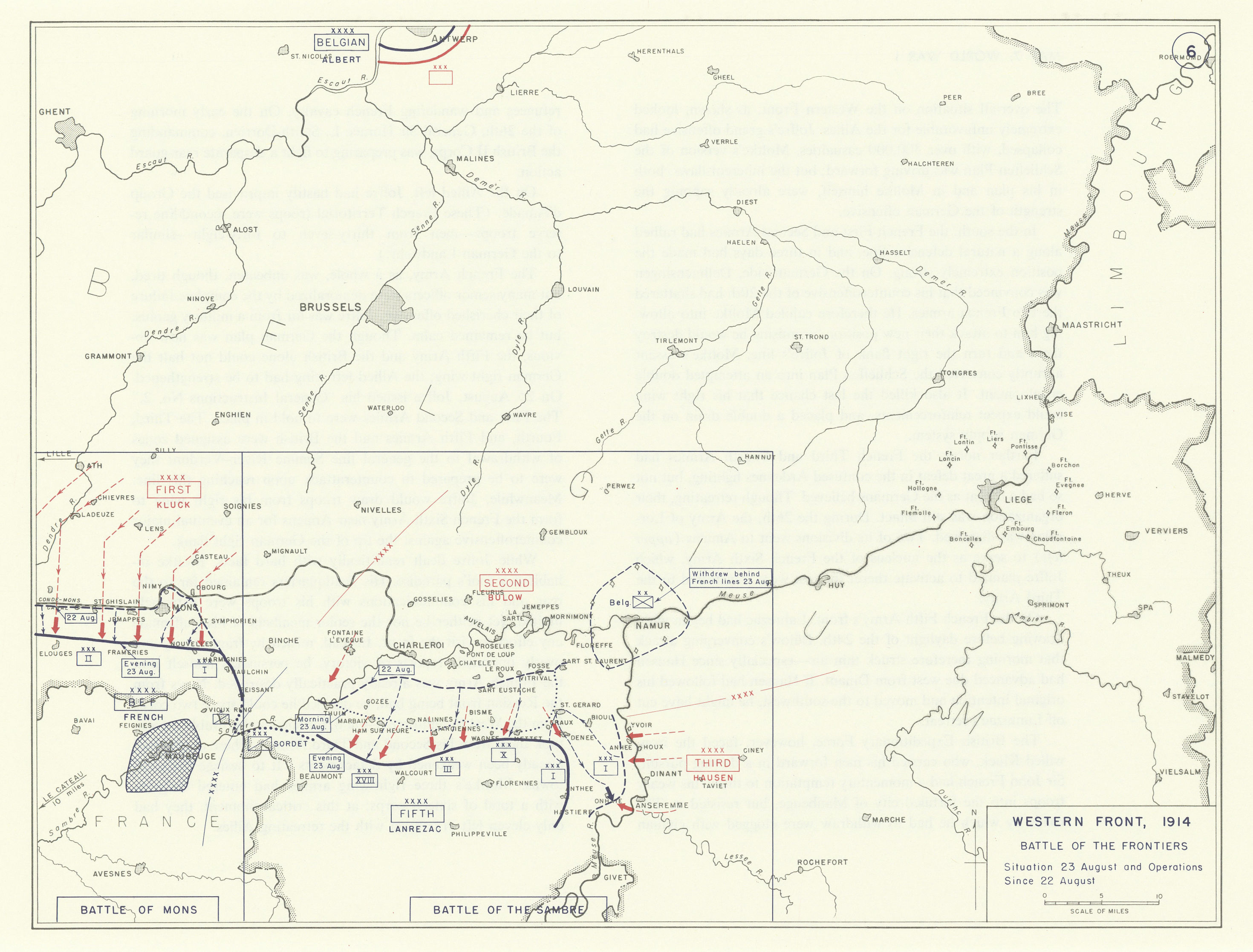 World War 1. Western Front 22-23 August 1914. Battles of Mons & Sambre 1959 map