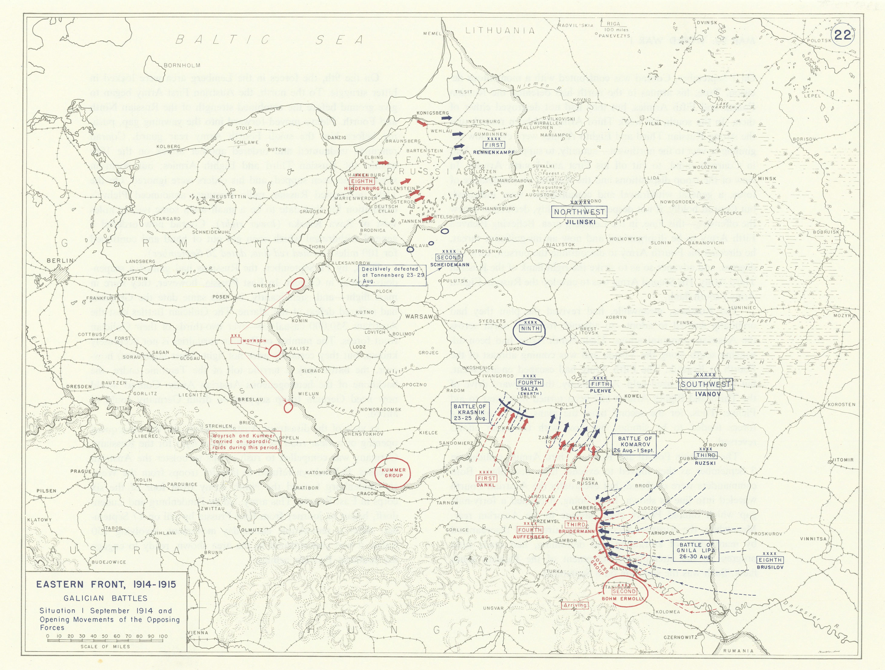 Associate Product World War 1. Eastern Front Aug 1914 Krasnik Komarov Gnila Lipa battles 1959 map