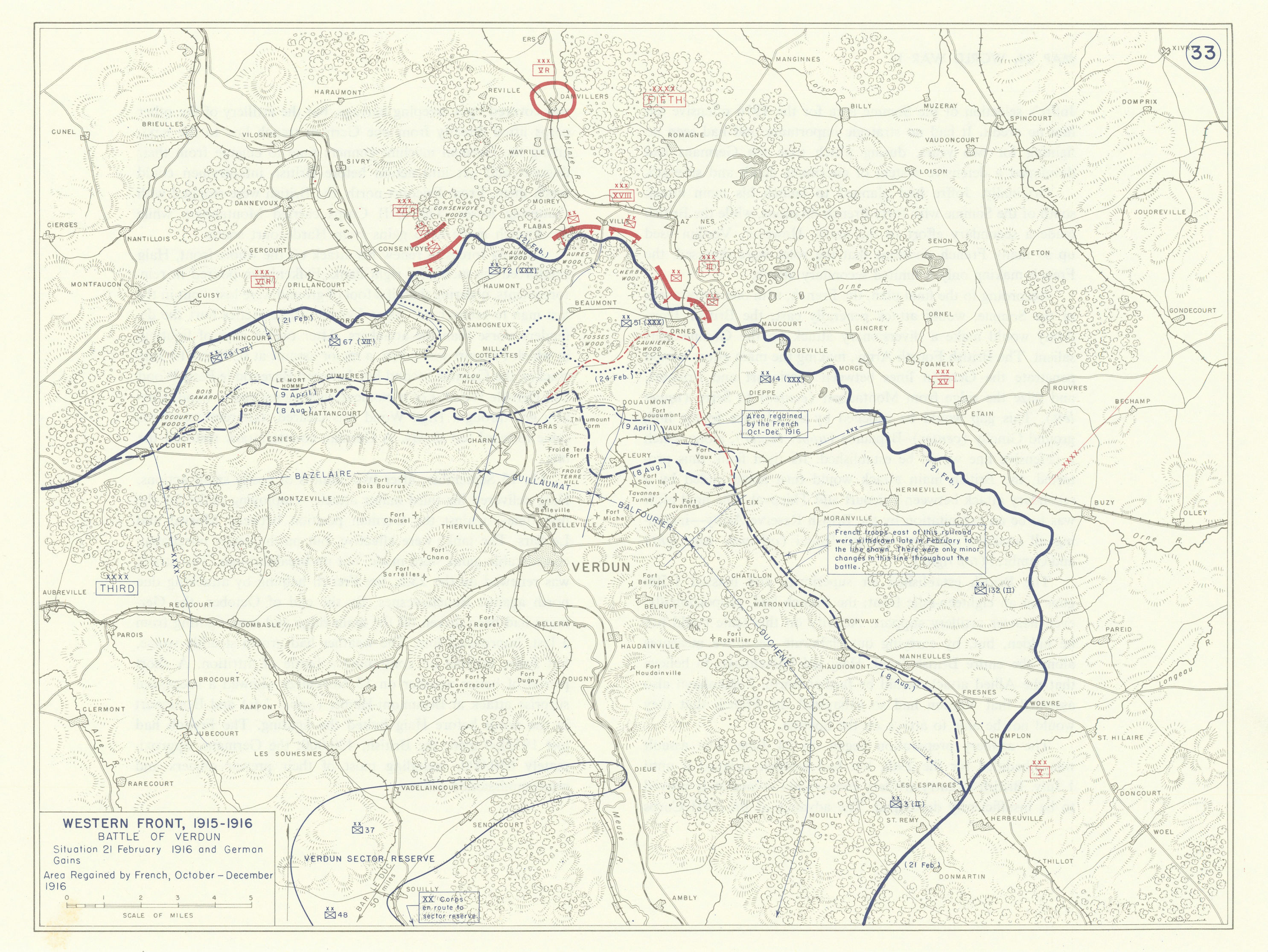 World War 1 Western Front 1915-1916 Battle of Verdun German/French gain 1959 map