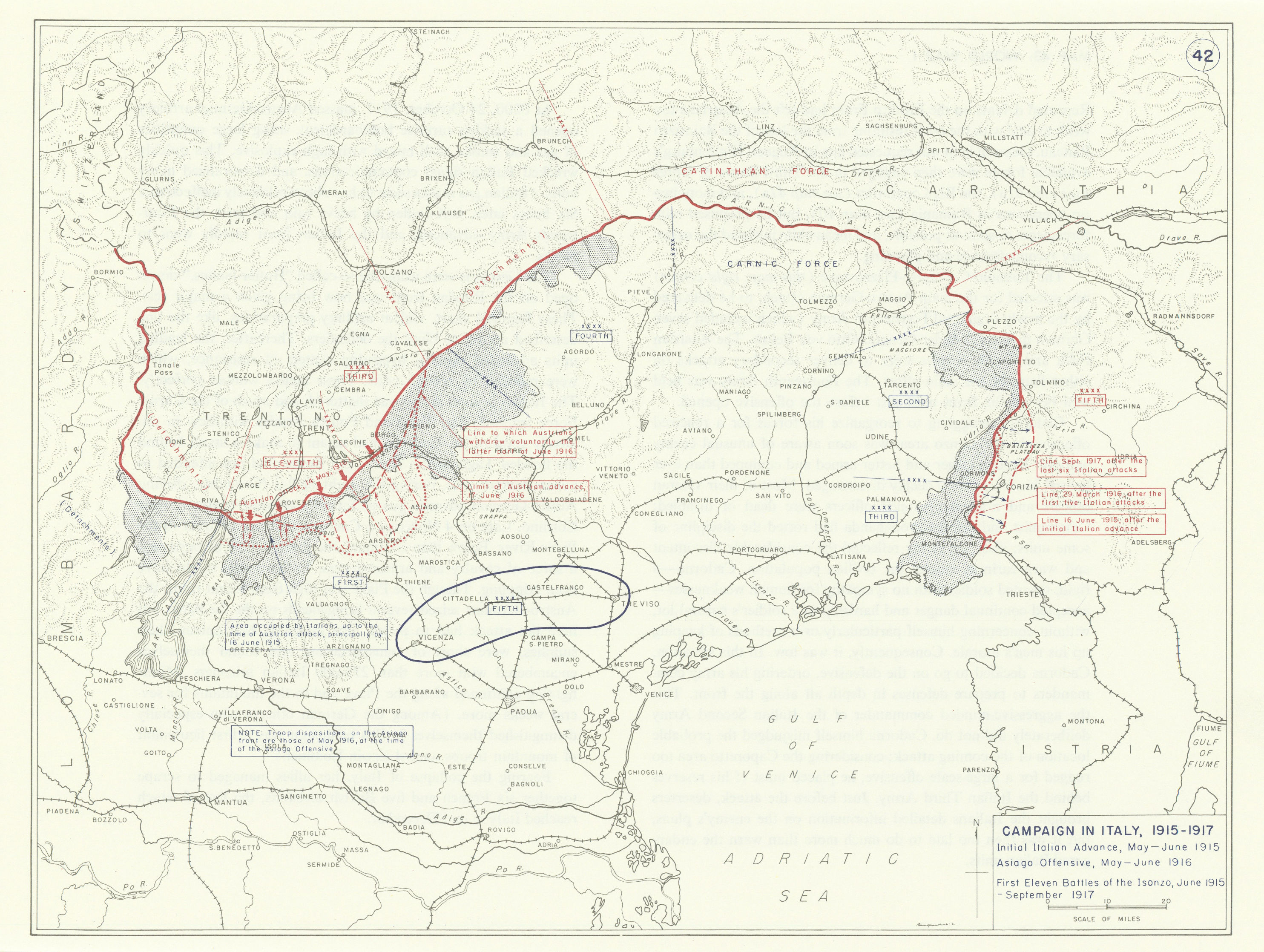 World War 1. Italy Campaign 1915-1917. Asiago Offensive. Isonzo battles 1959 map