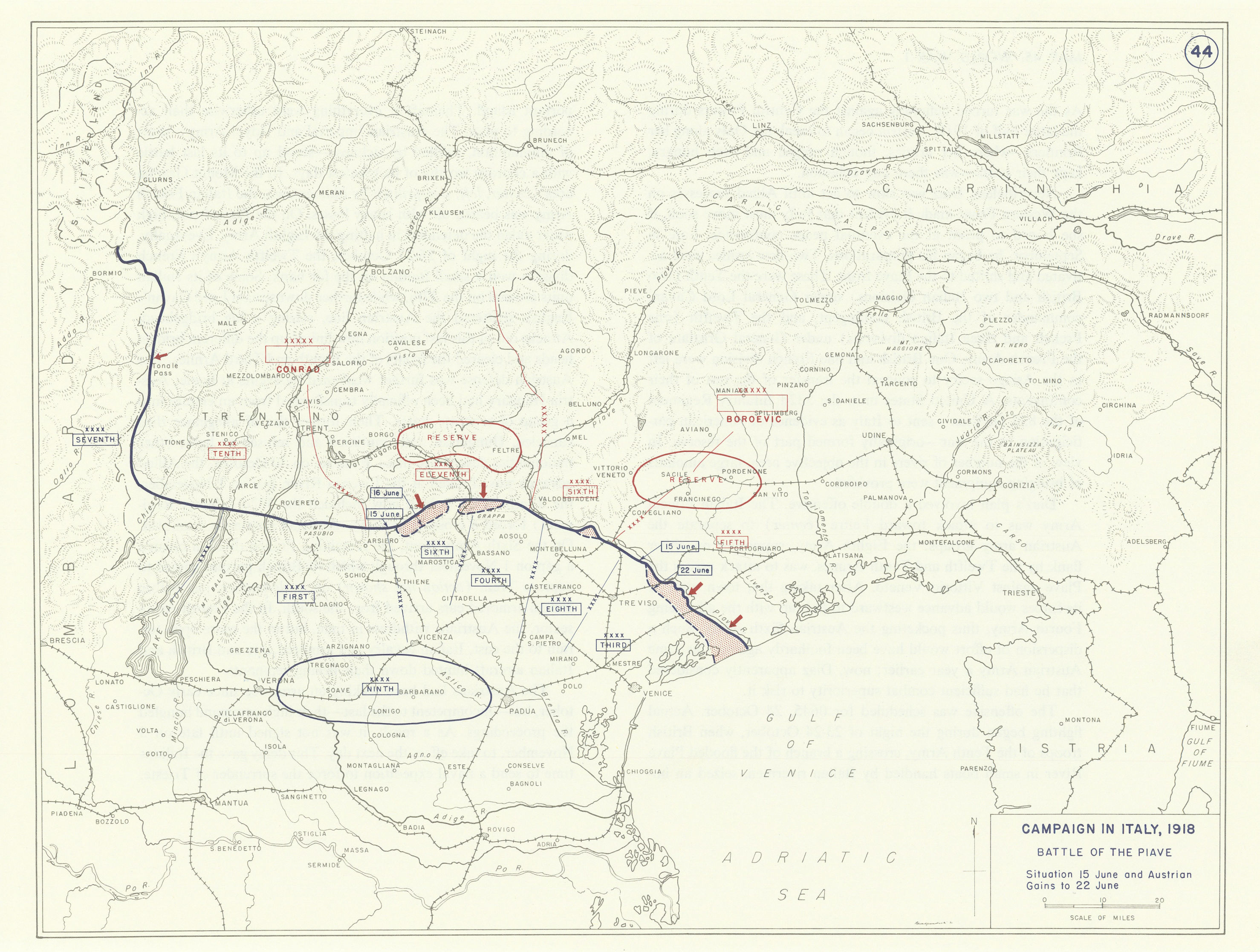 Associate Product World War 1. Italy Campaign June 1918. Battle of Piave. Austrian Gains 1959 map