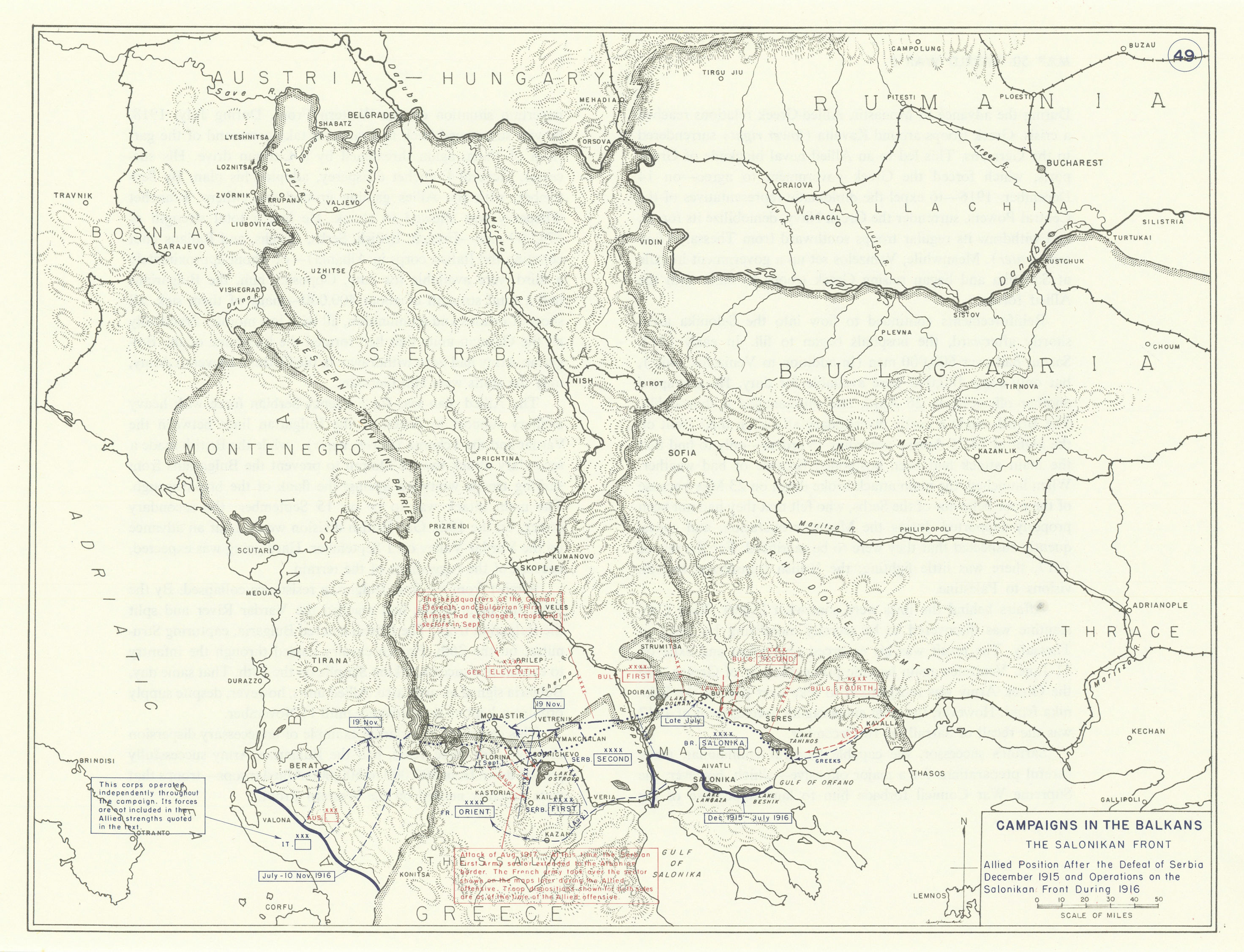 World War 1. Balkans Campaign. Salonika Front 1915-1916 Allied Position 1959 map