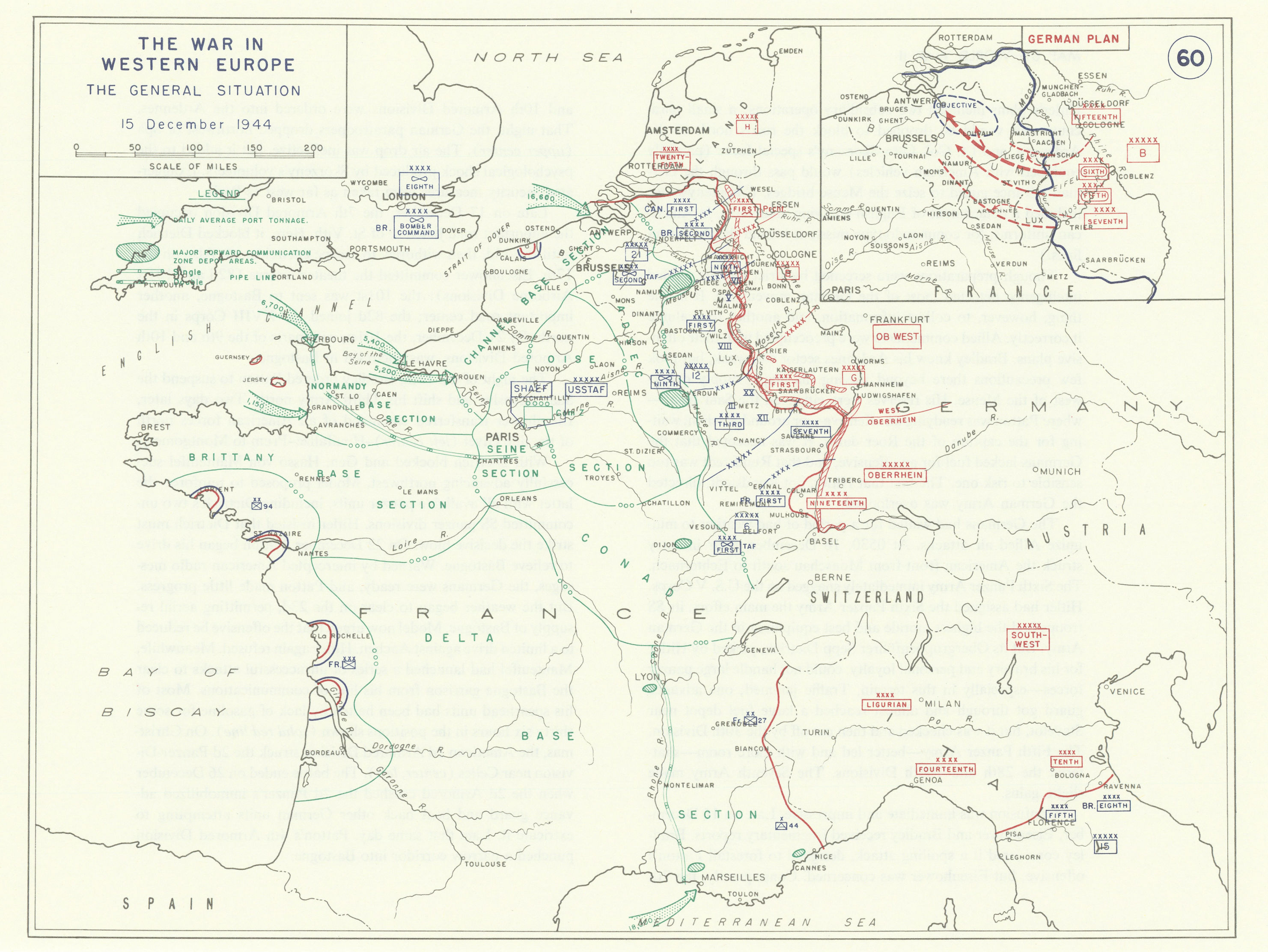 World War 2. Western Front 15 Dec 1944. Battle of the Bulge German Plan 1959 map