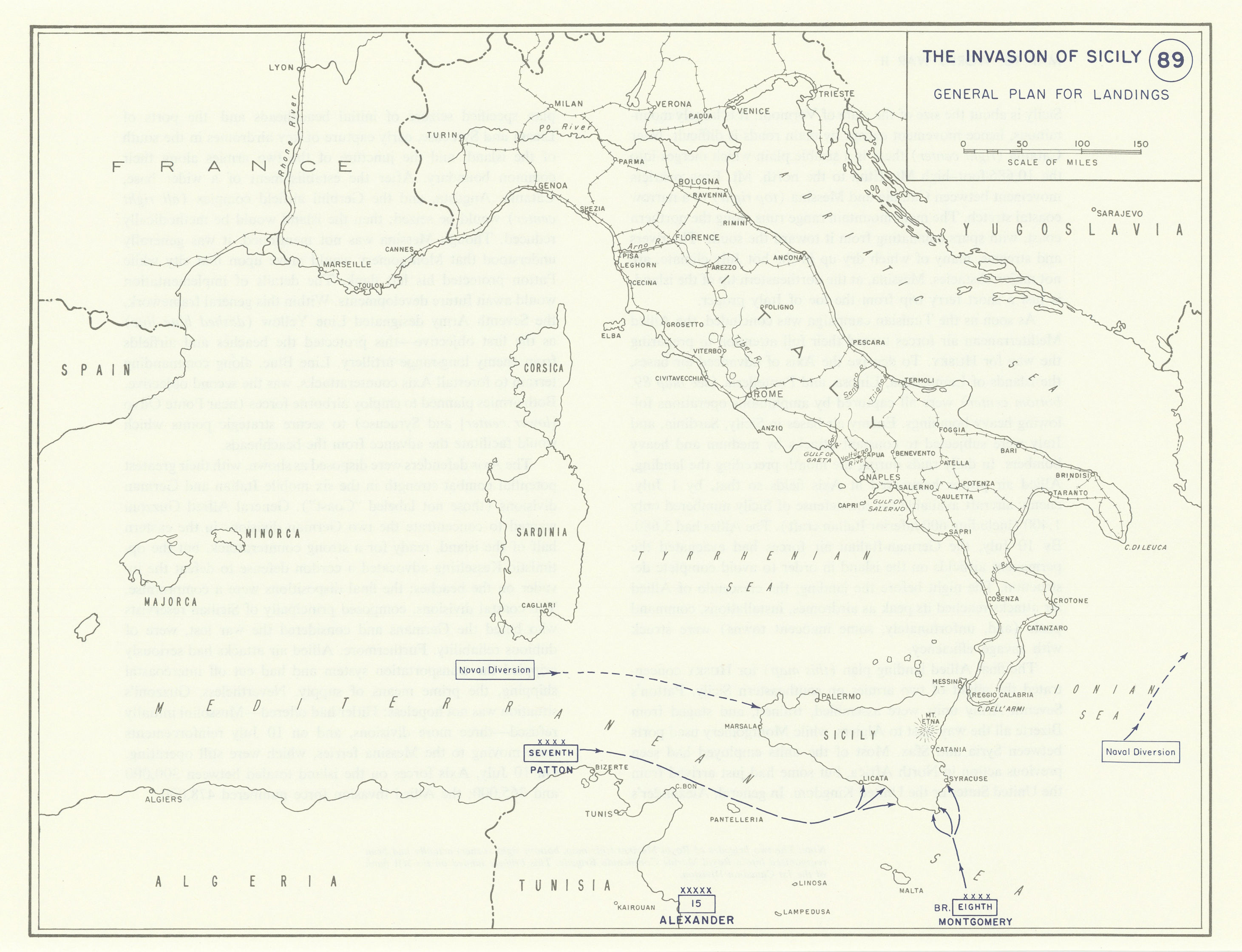 Associate Product World War 2. Invasion of Sicily 1943. General plan for landings 1959 old map