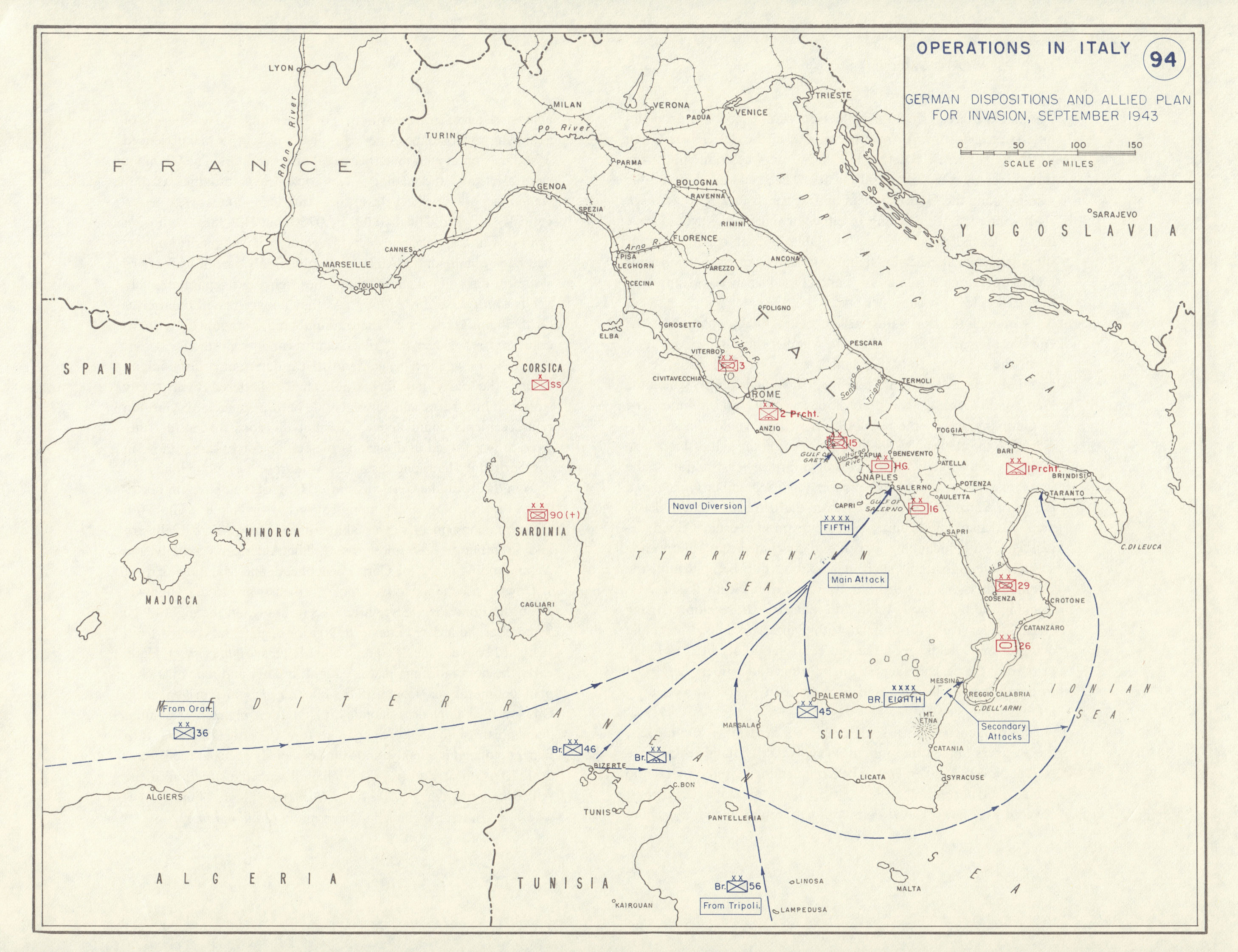 World War 2. September 1943. Allied invasion of Italy plan 1959 old map