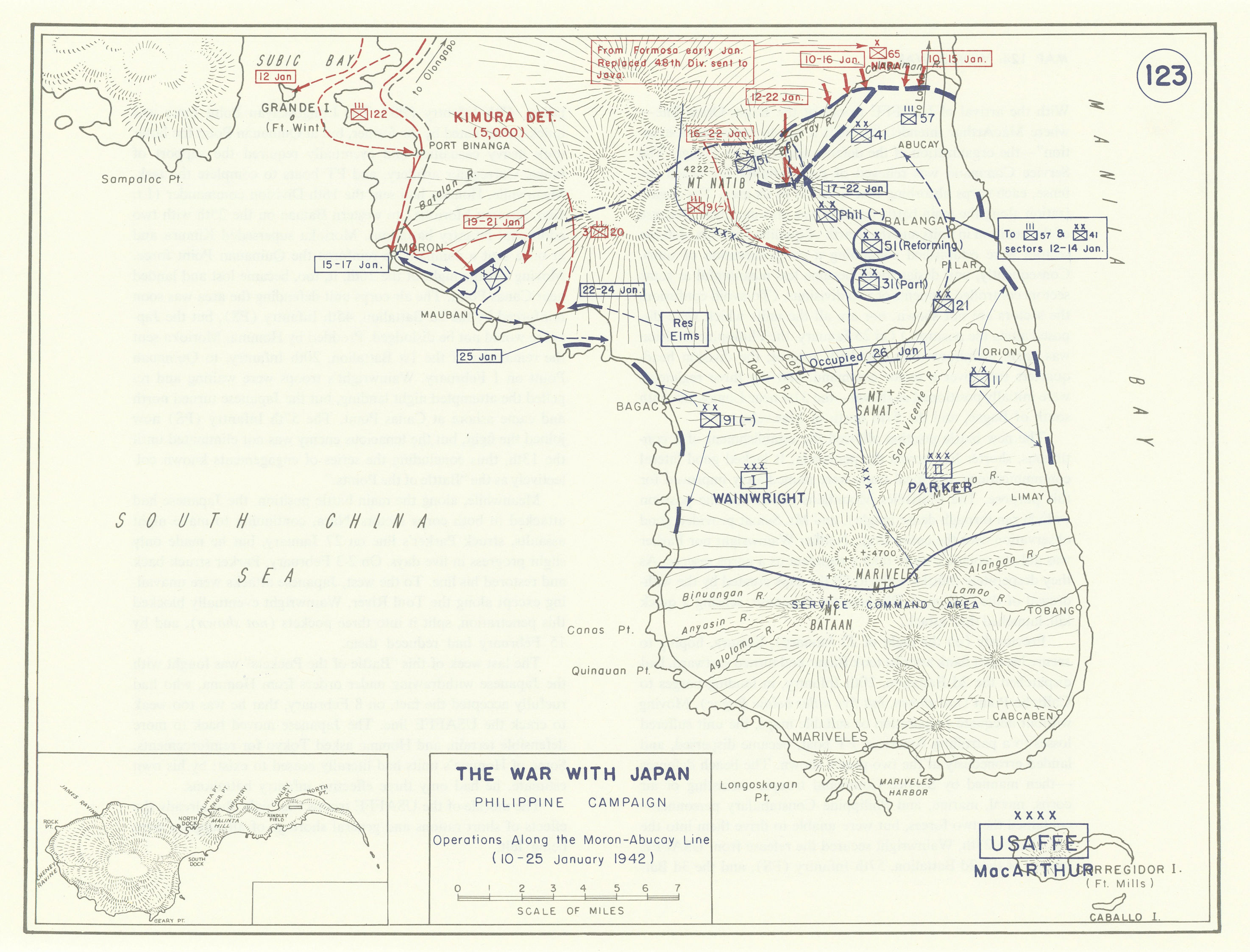 World War 2. Philippine Campaign. 10-25 Jan 1942 Moron-Abucay Line Ops 1959 map