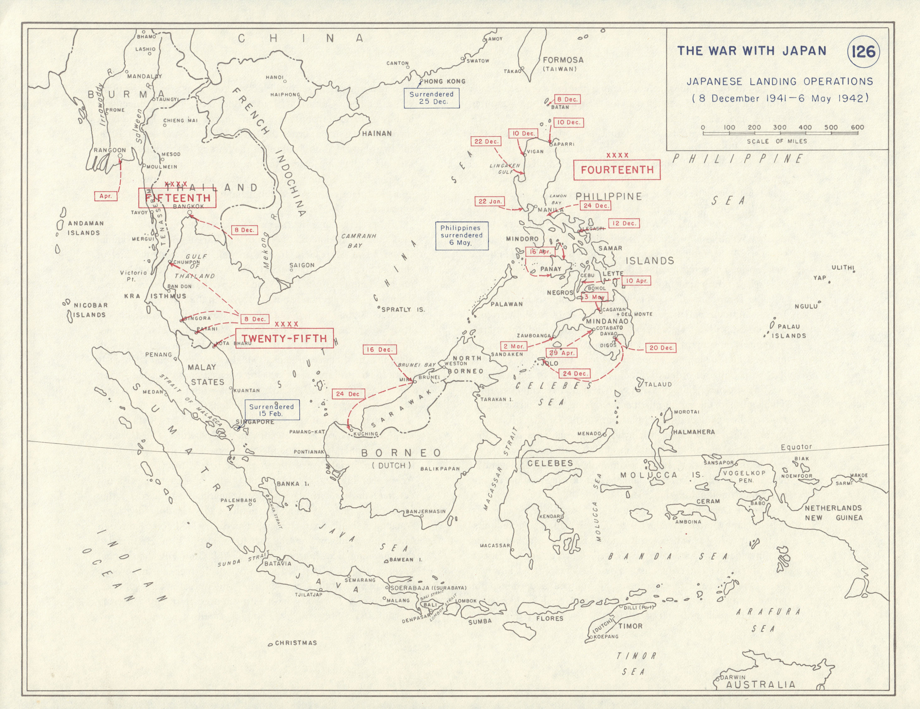 World War 2. Dec 1941-May 1942 Japanese Landings. Philippines Indochina 1959 map