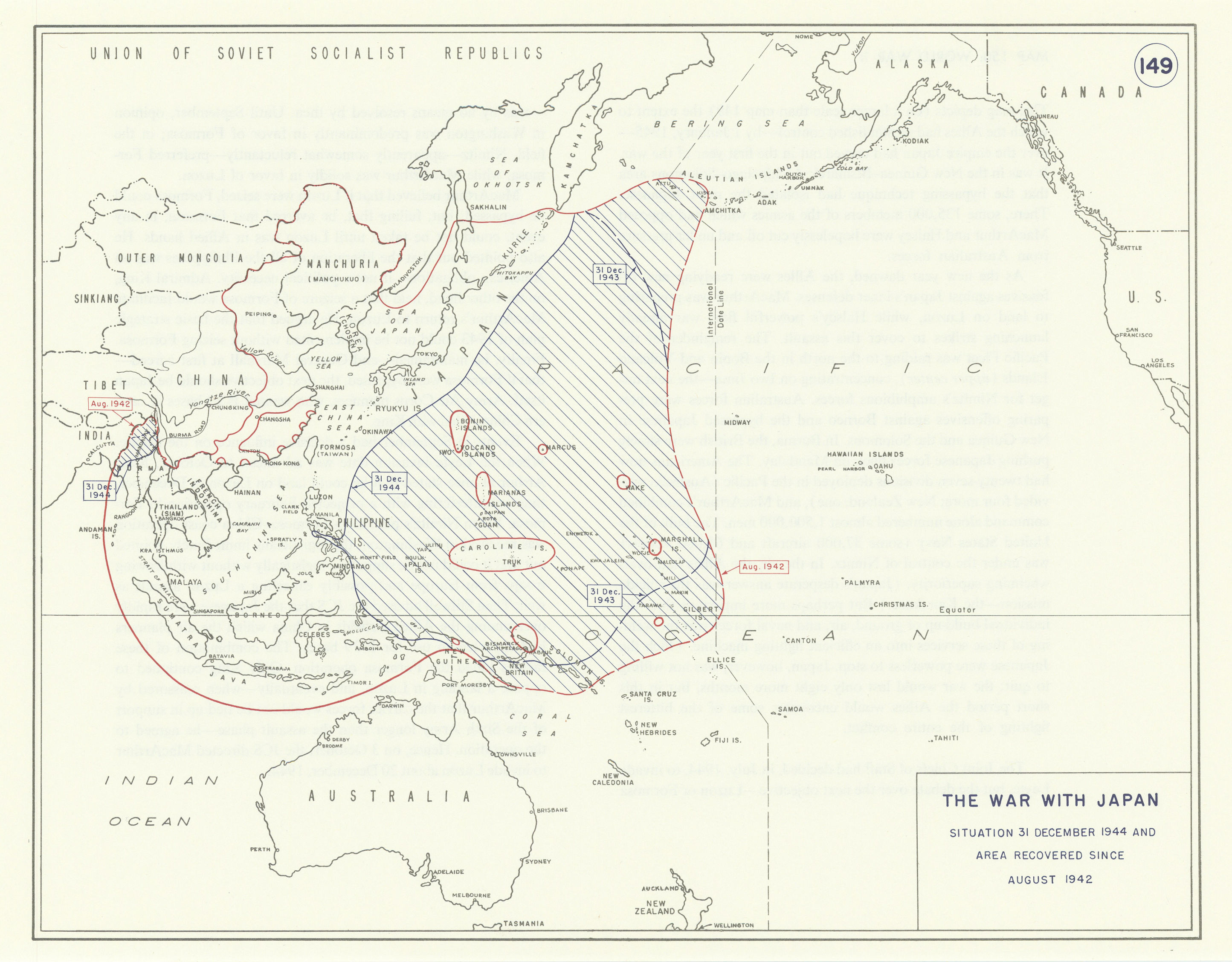 Associate Product World War 2. Pacific Theatre. August 1942-December 1944 area recovered 1959 map