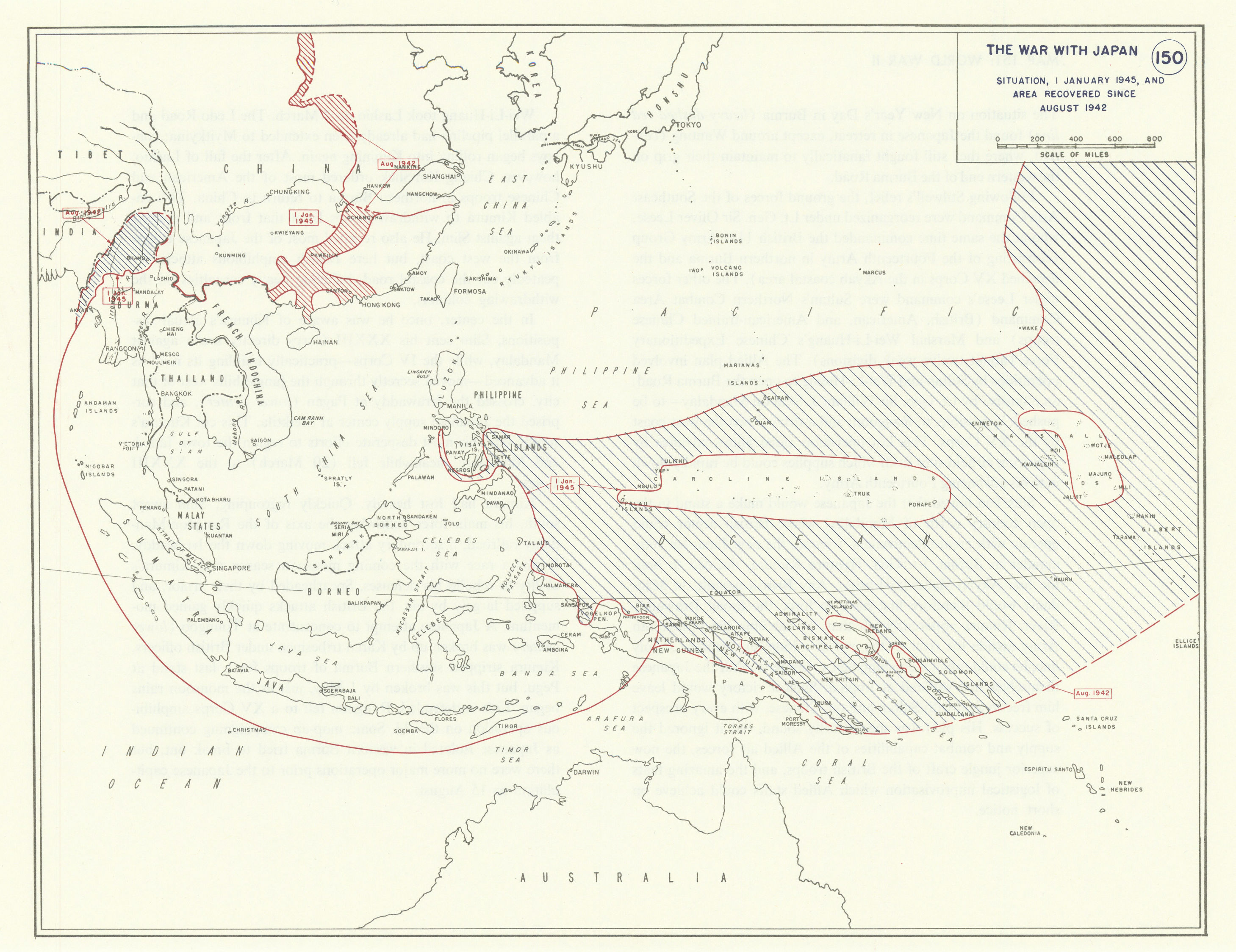 Associate Product World War 2. East Asia Pacific Theatre Aug 1942-Jan 1945 area recovered 1959 map