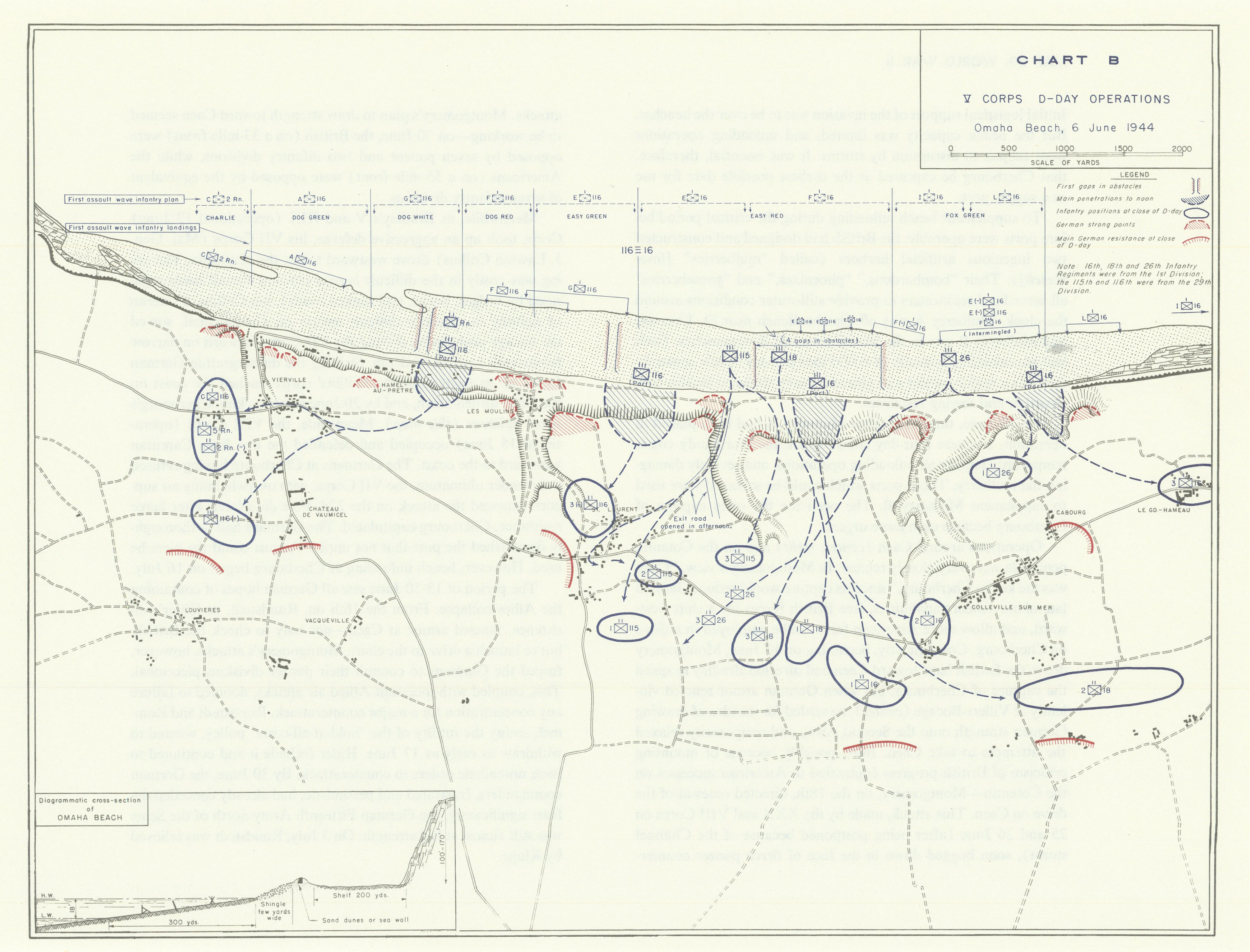 World War 2. V Corps D-Day Operations, 6 June 1944. Omaha Beach 1959 old map