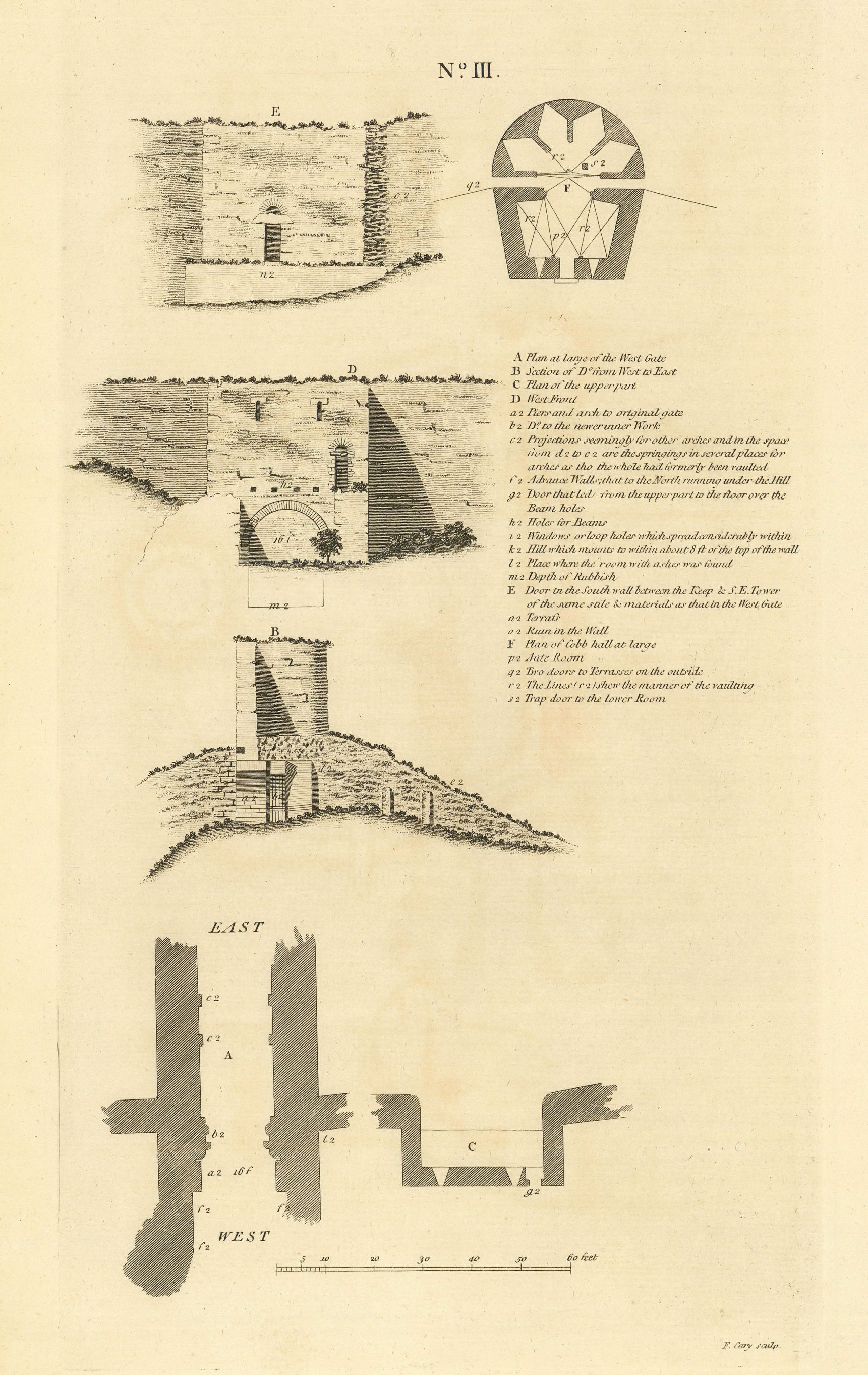 Lincoln castle No 3. Plan & elevation by Francis CARY 1806 old antique print