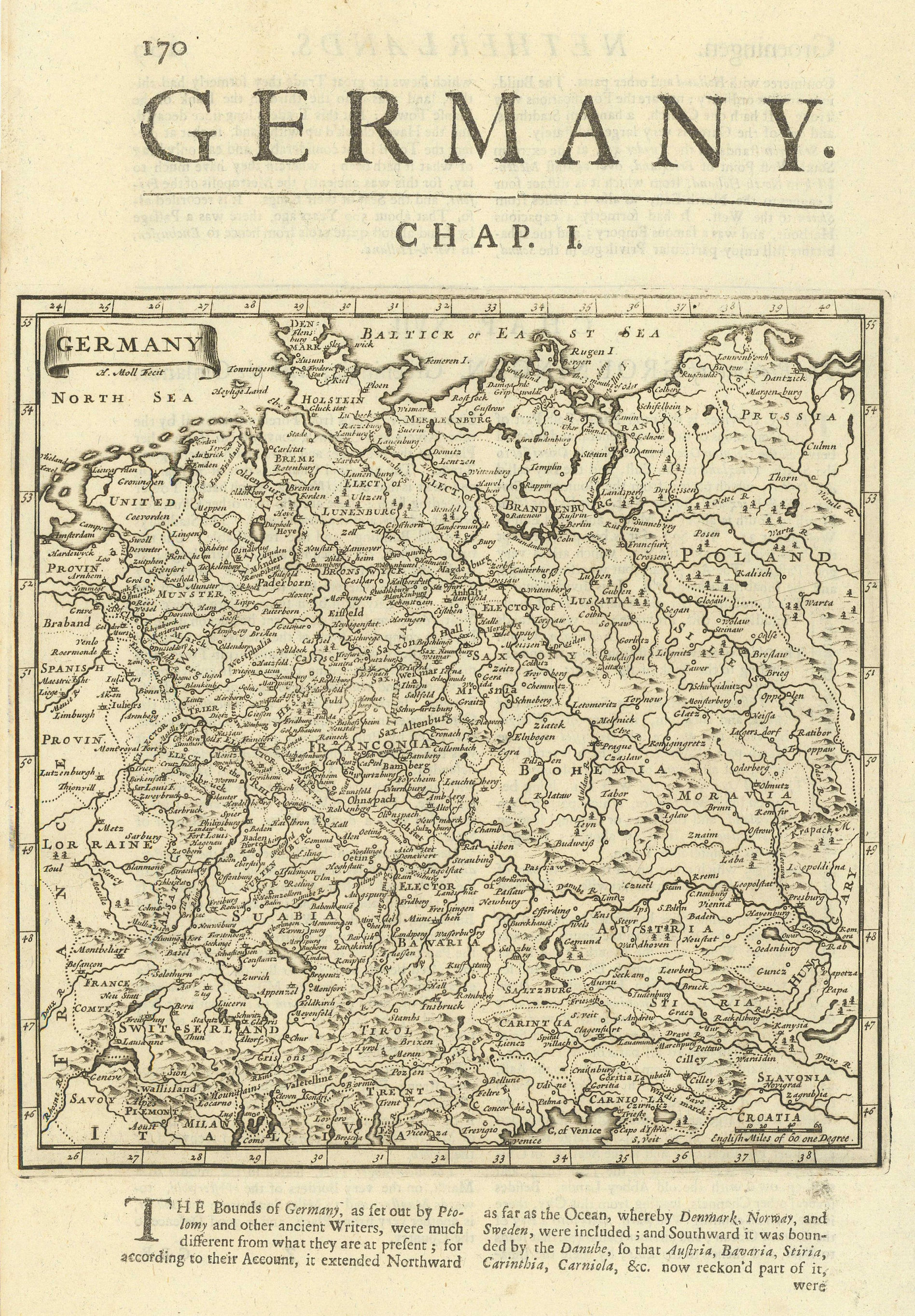 Germany by Herman Moll. Central Europe. Czechia Austria Switzerland 1709 map