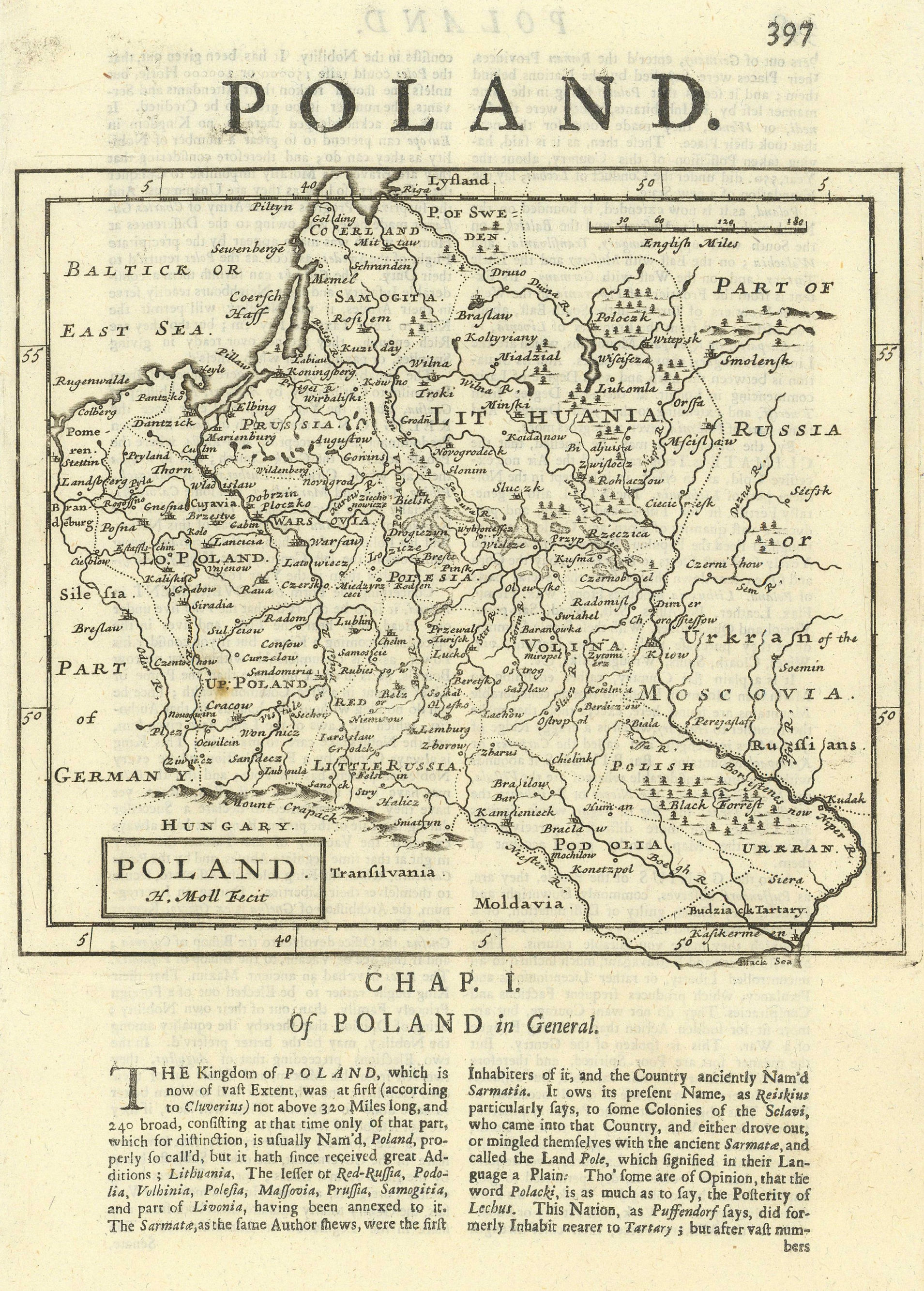 Poland by Herman Moll. Belarus Lithuania Latvia western Ukraine 1709 old map