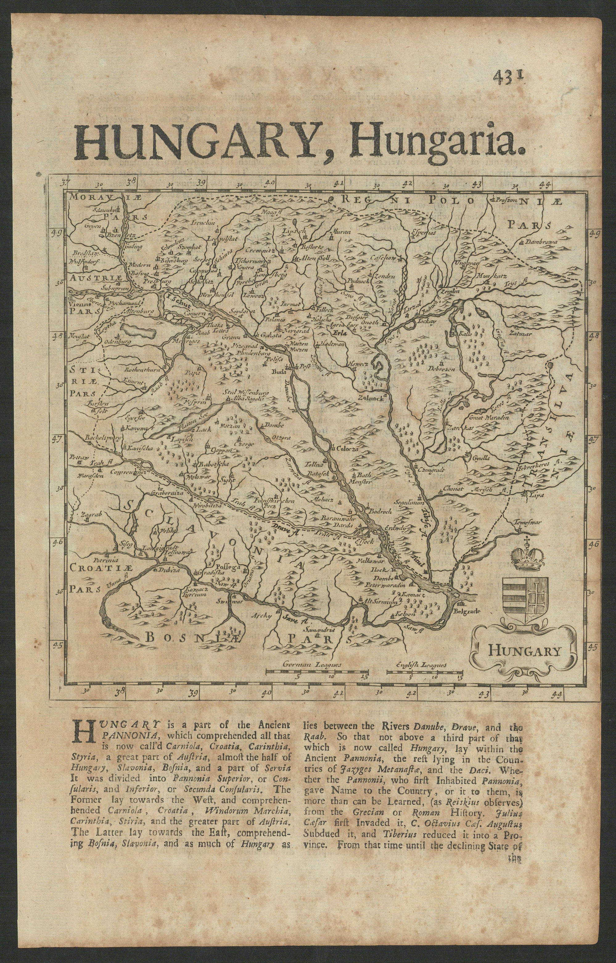 Hungary by Herman Moll. The Danube from Belgrade to Vienna 1709 old map