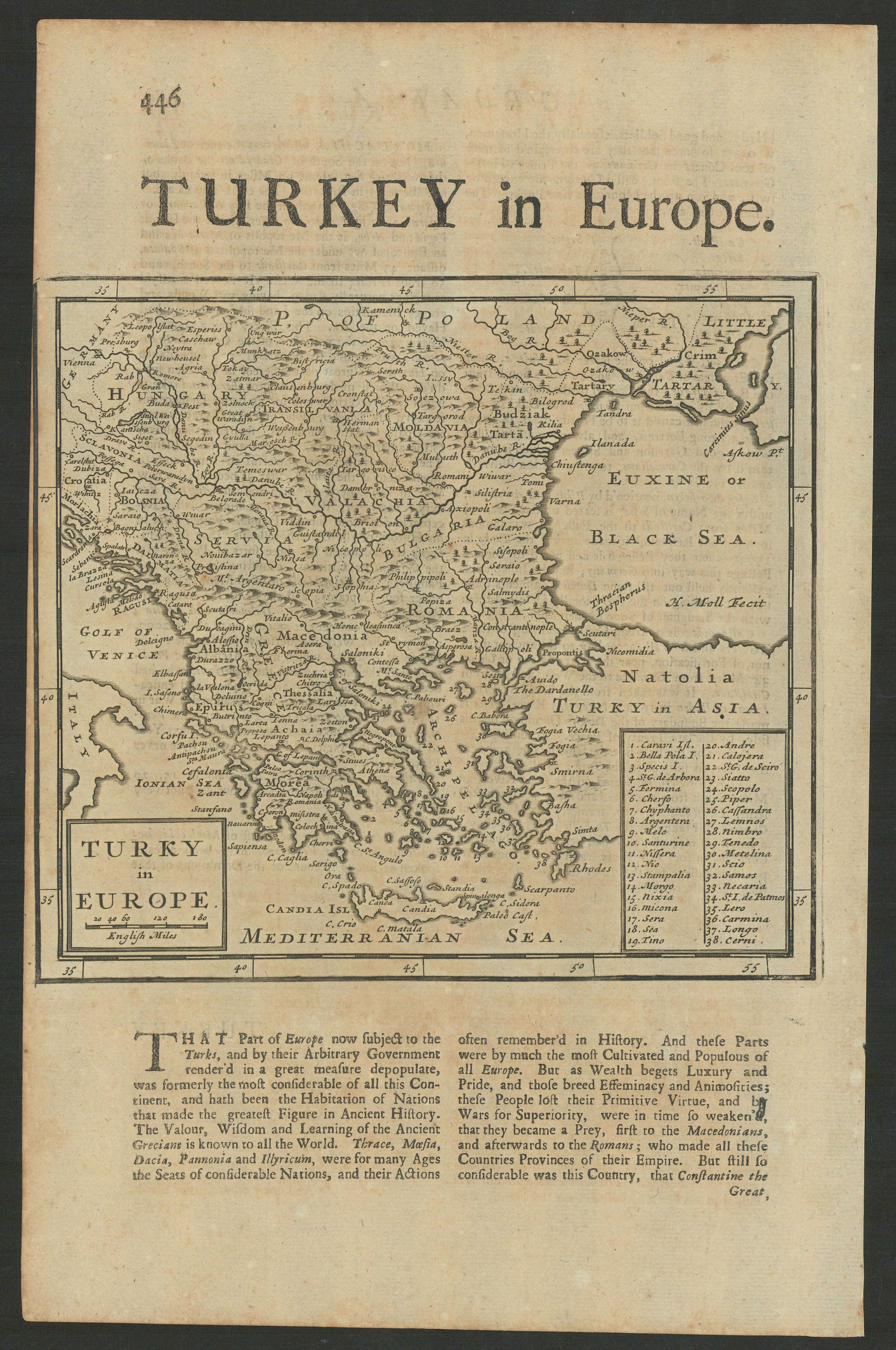 Associate Product Turky [Turkey] in Europe by Herman Moll. Balkans Greece Black Sea 1709 old map