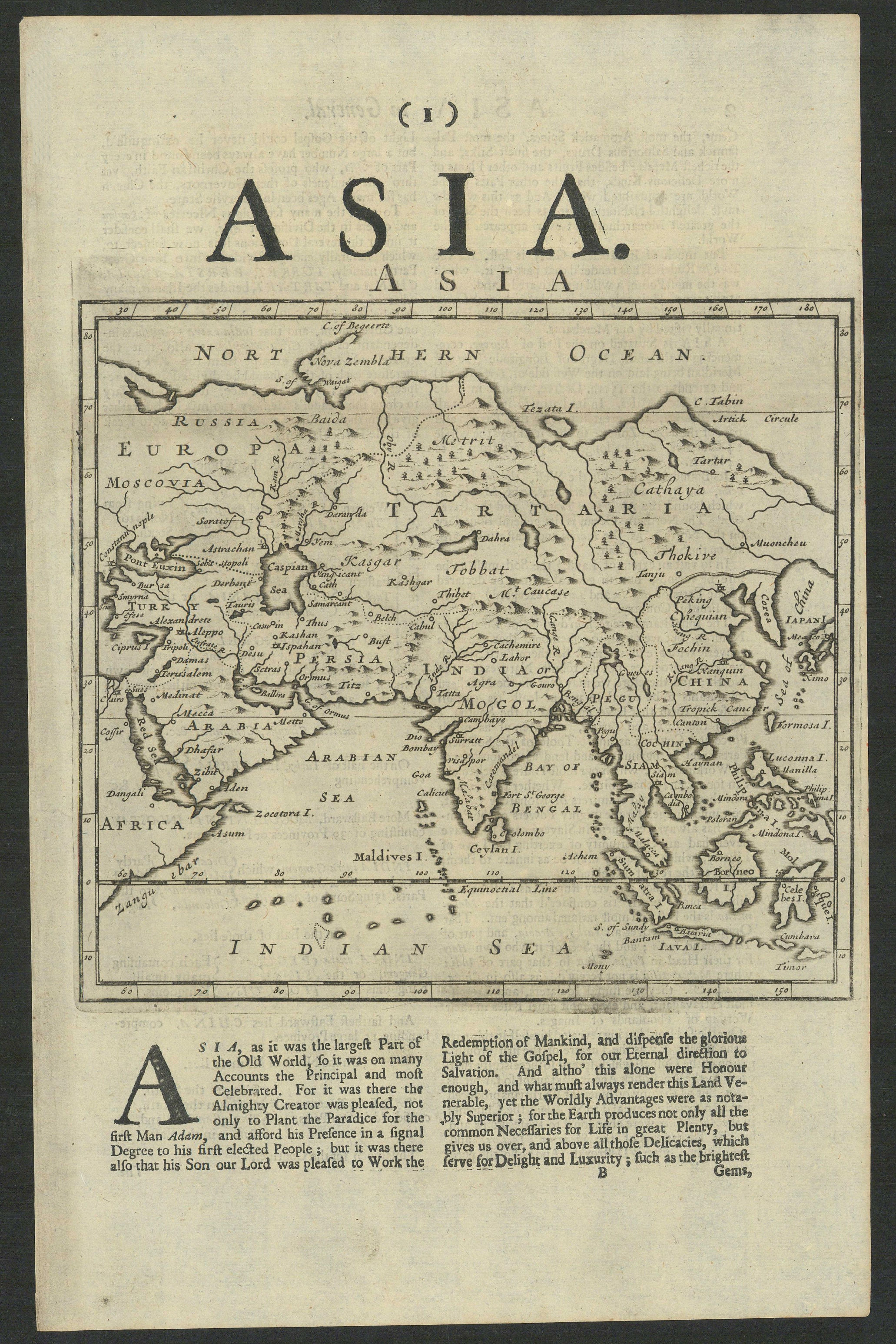 Asia by Herman Moll. Great Wall of China. Mogol empire. Tartaria 1709 old map