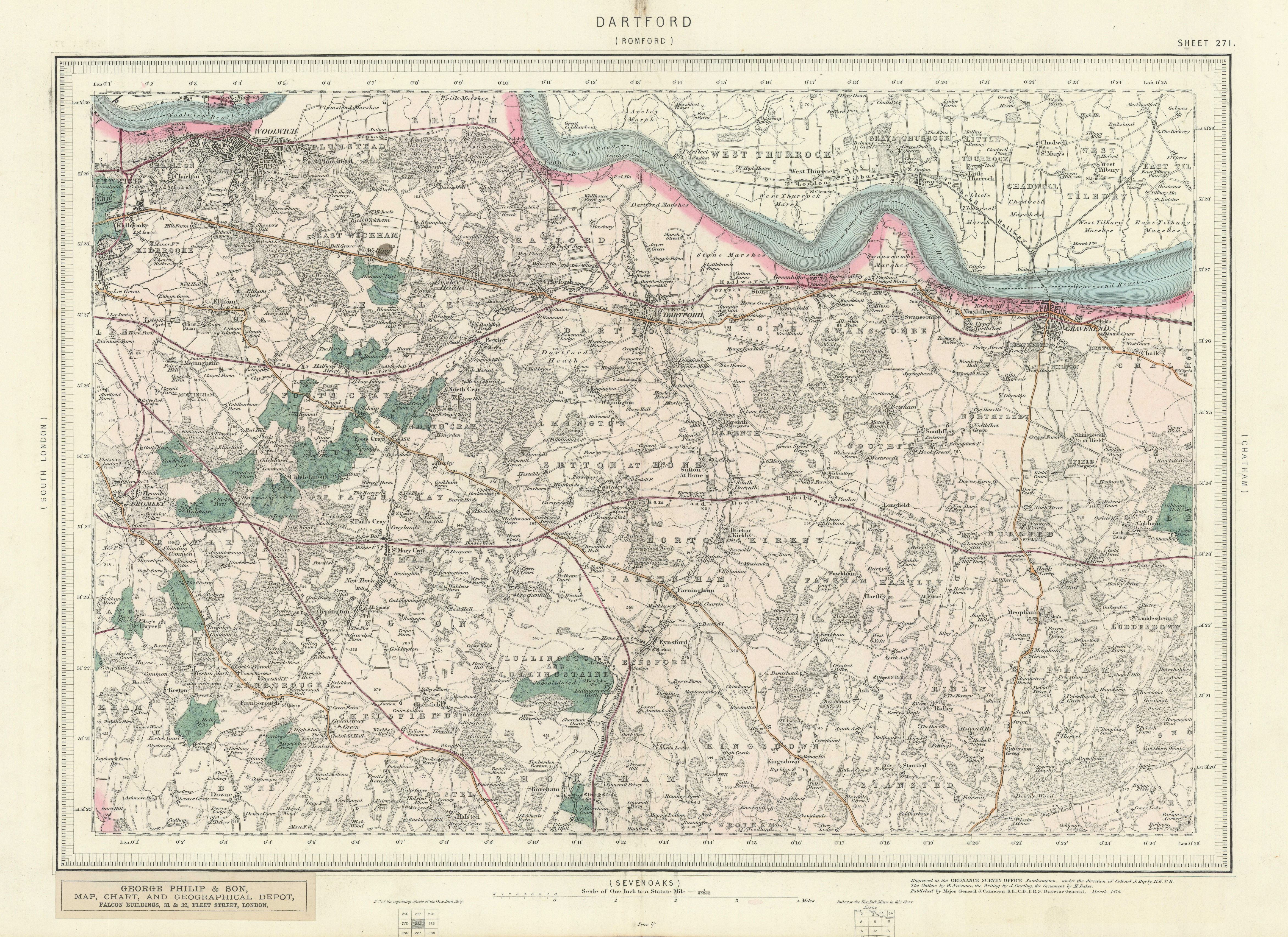 Ordnance Survey Sheet 271 Dartford. SE London Kent Gravesend Bromley 1876 map