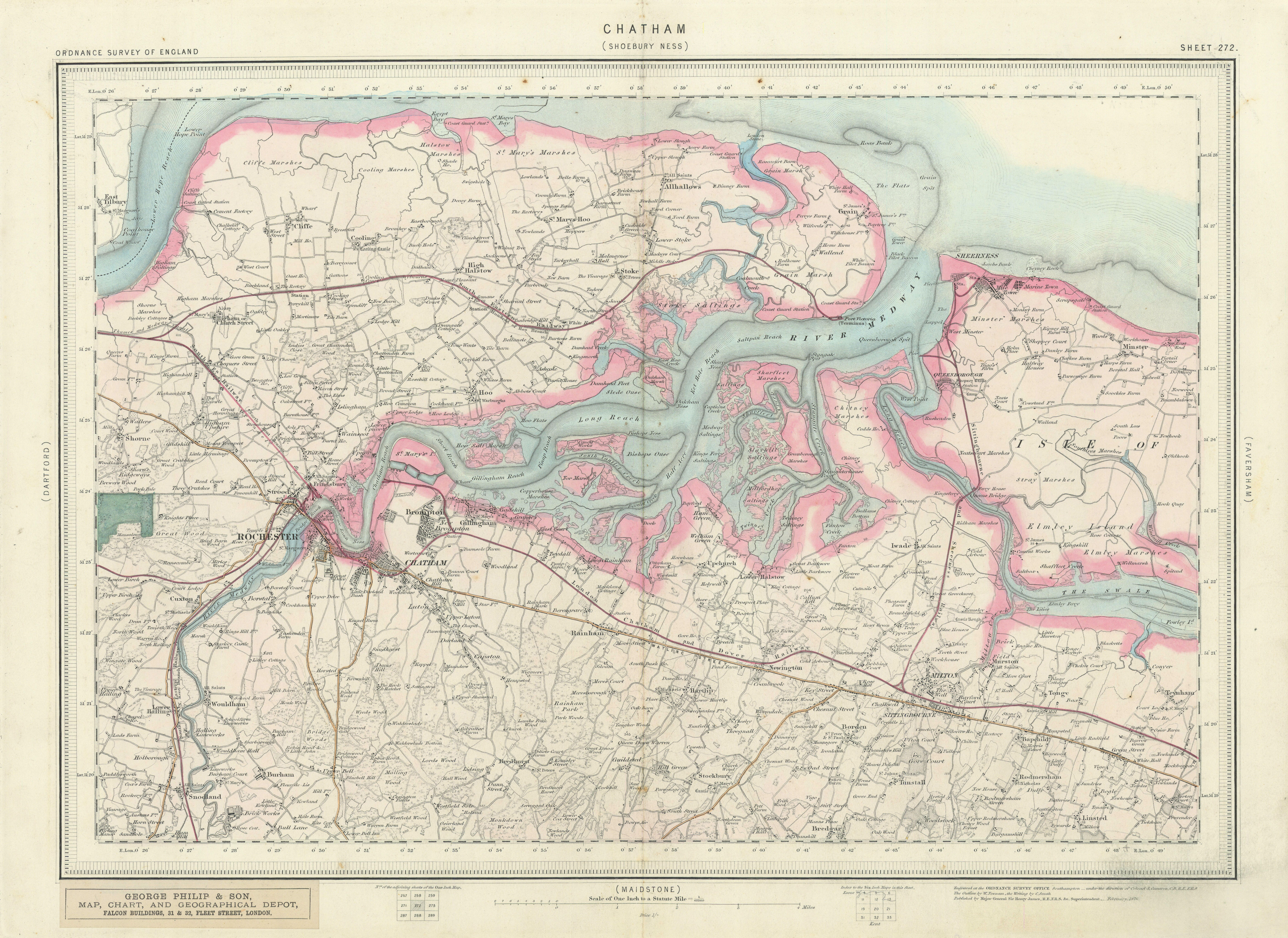 Ordnance Survey Sheet 272 Chatham. Medway Chatham Sittingbourne Kent 1876 map