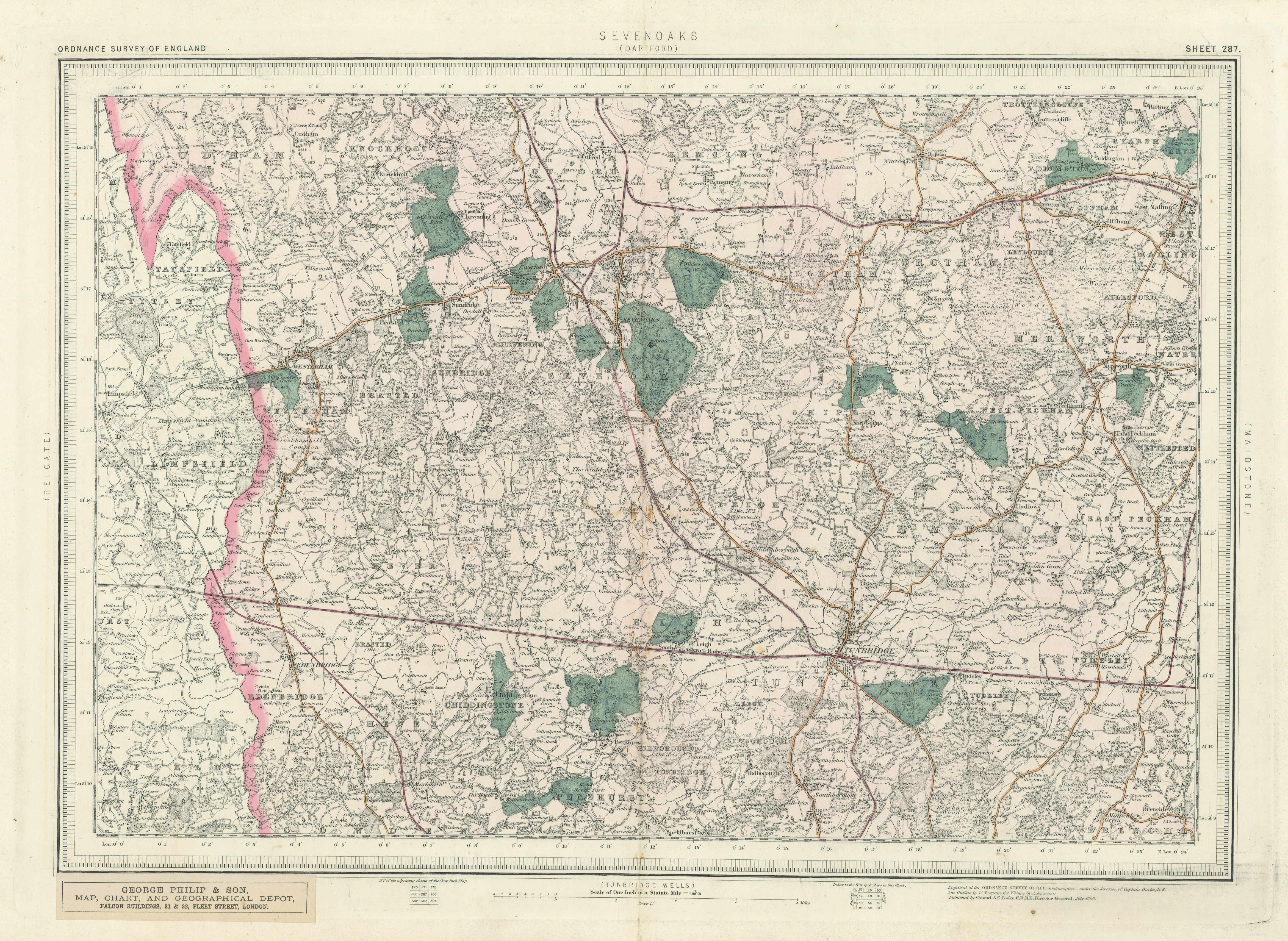 Ordnance Survey Sheet 287 Sevenoaks. Tonbridge Malling Kent Downs 1880 old map