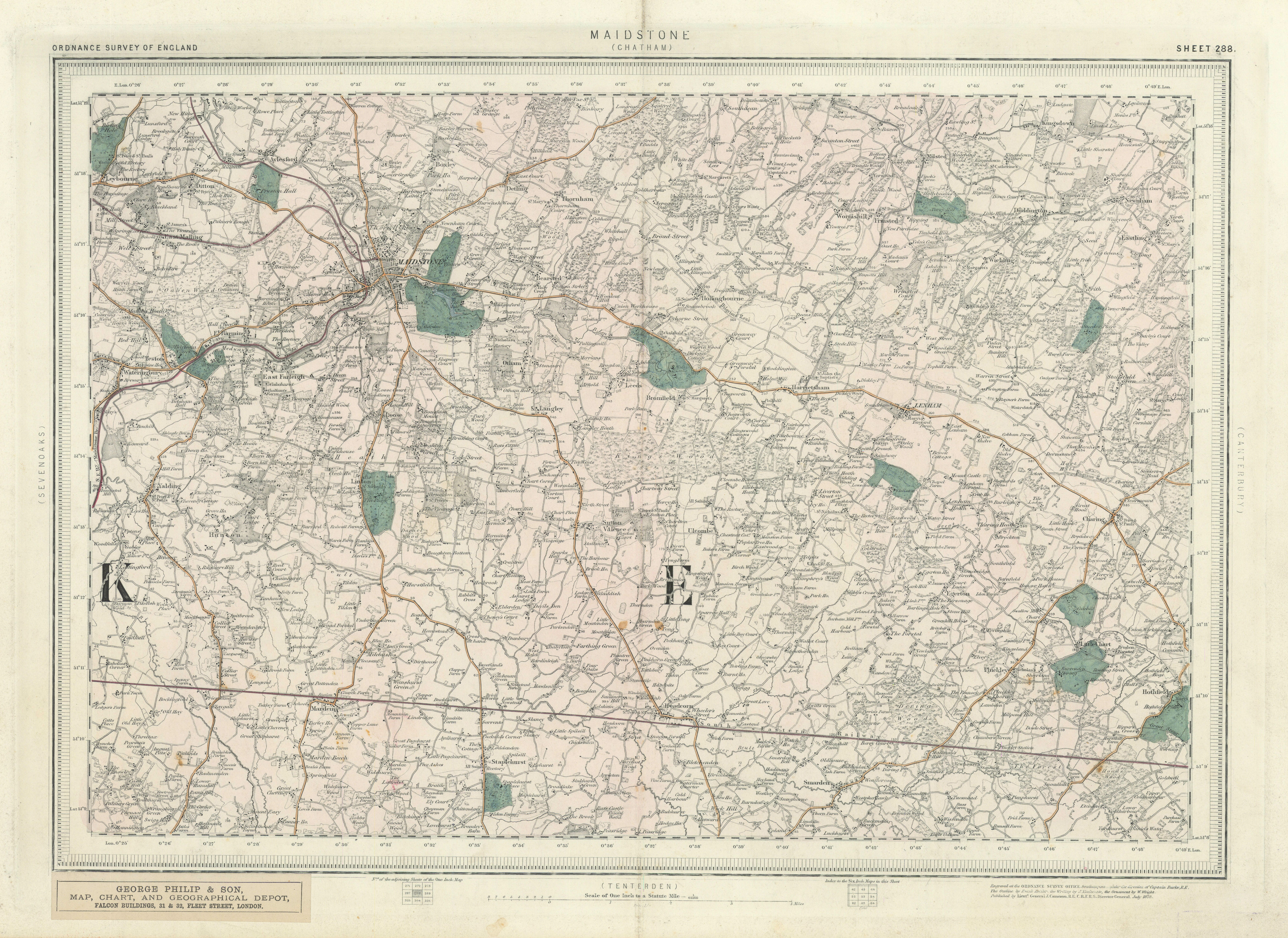 Ordnance Survey Sheet 288 Maidstone Lenham Charing Headcorn. Kent Downs 1878 map