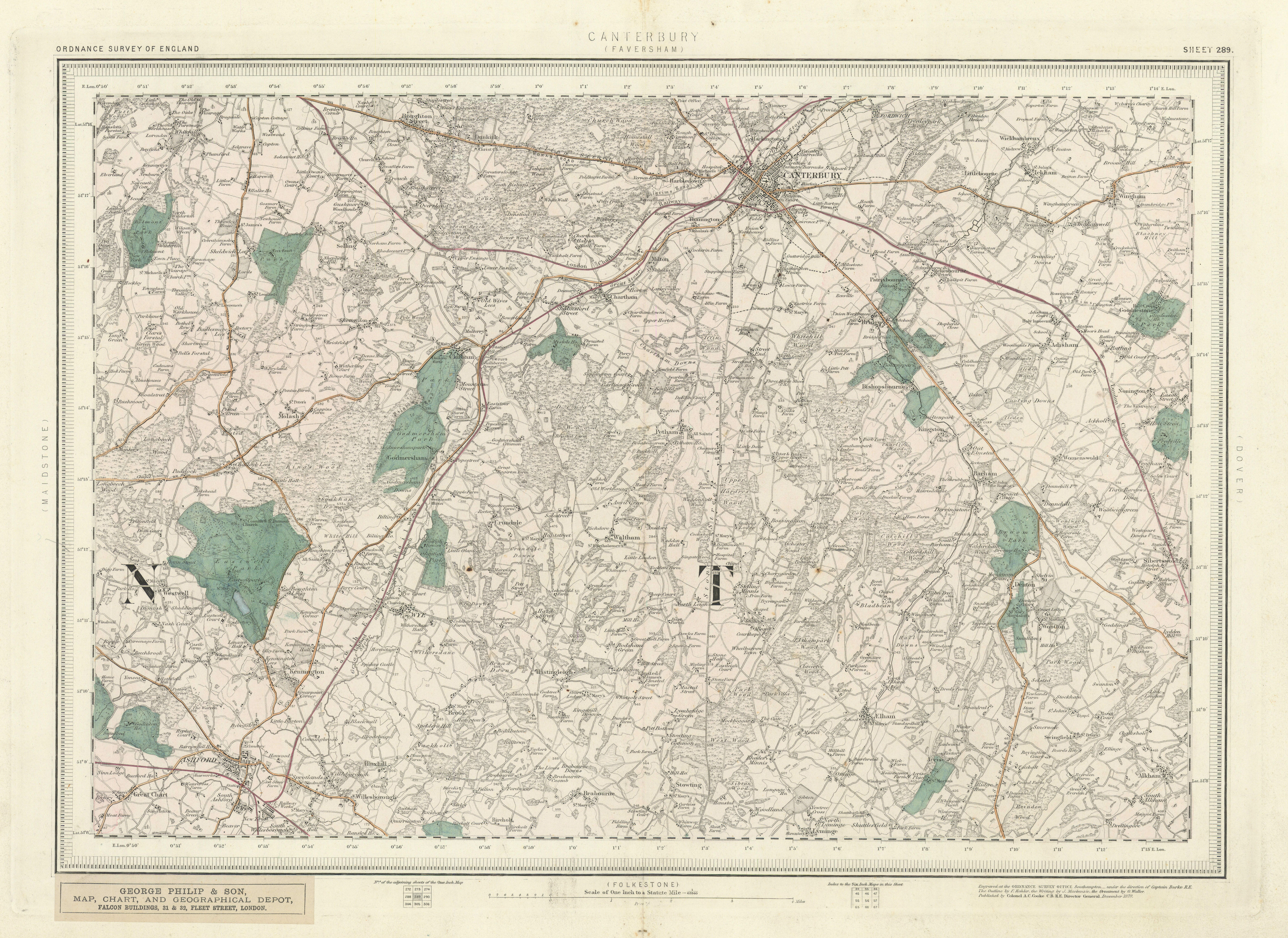 Ordnance Survey Sheet 289 Canterbury. Ashford Wye Kent Downs 1878 old map