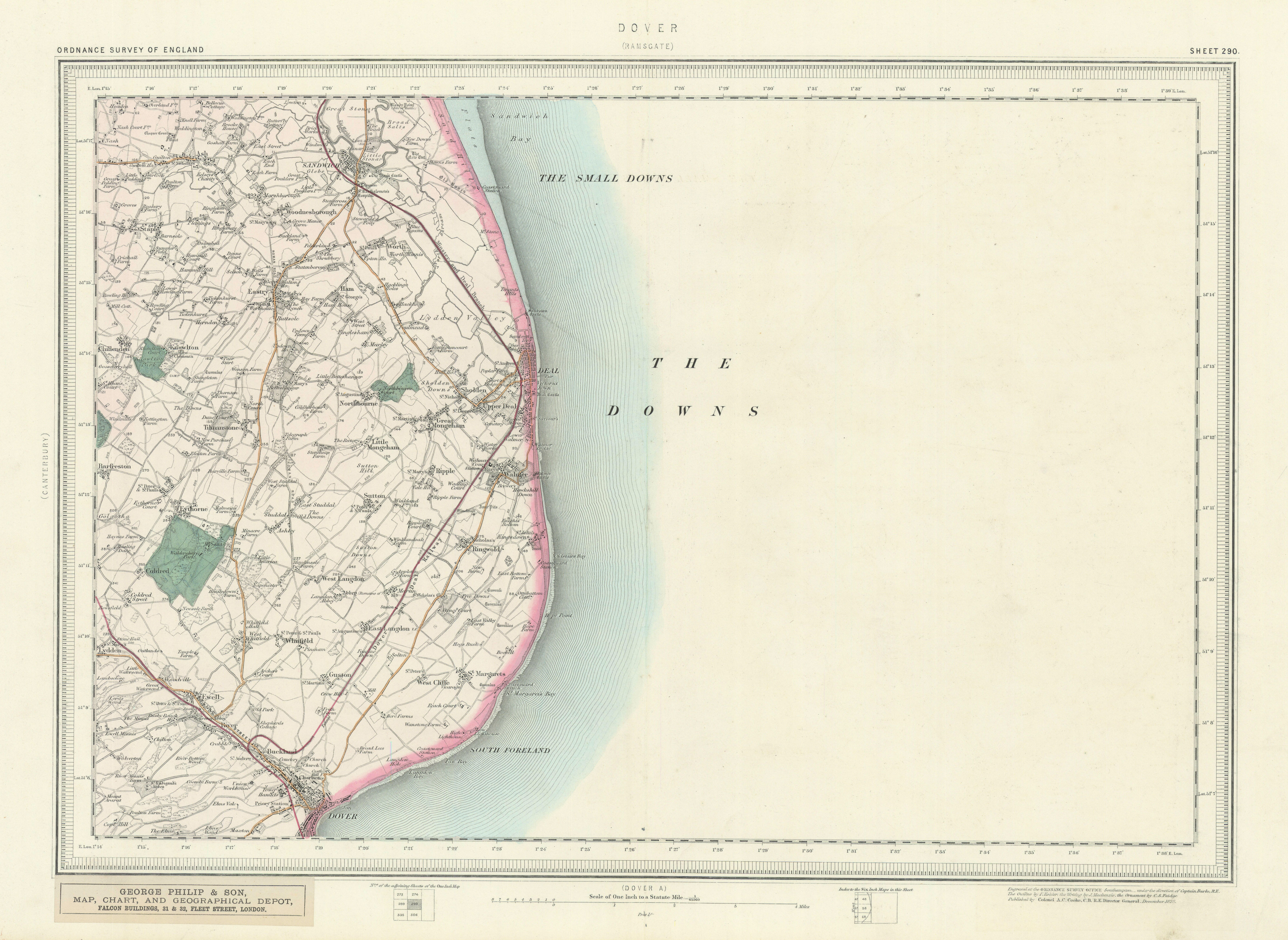 Ordnance Survey Sheet 290 Dover. Deal Sandwich South Foreland Kent 1878 map