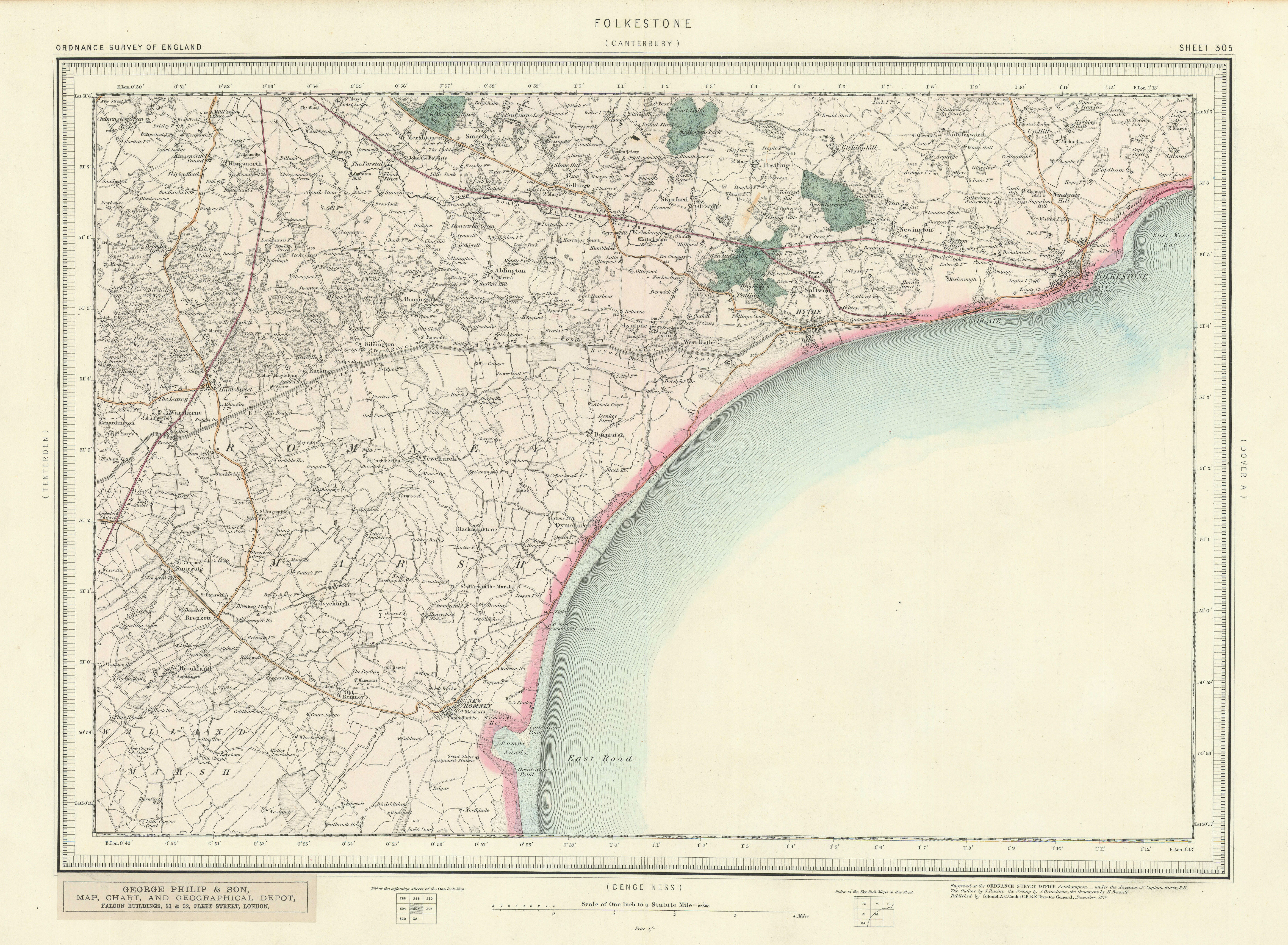 Ordnance Survey Sheet 305 Folkestone. Shepway Hythe Romney Marsh Kent 1878 map