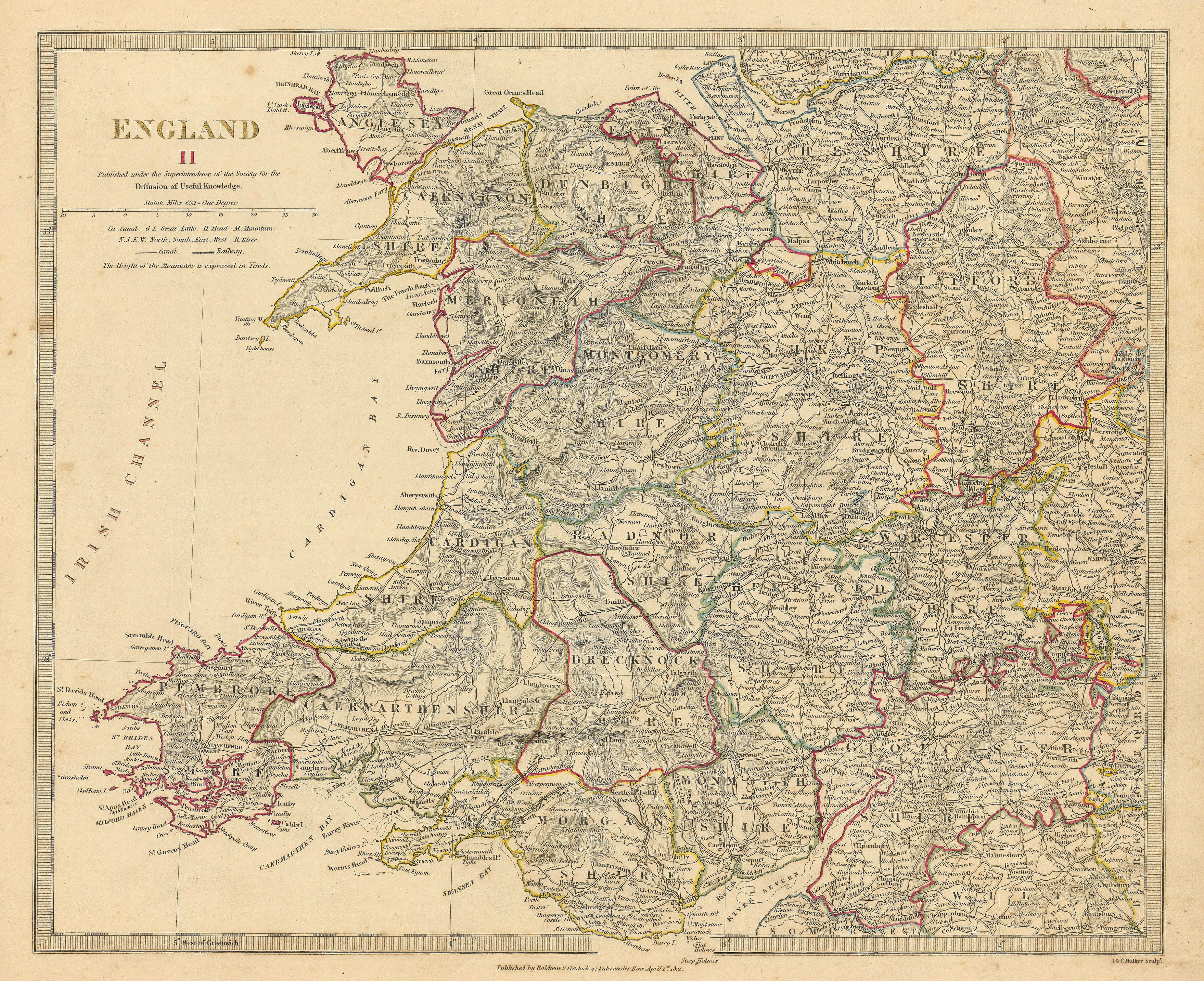 WALES & ENGLAND WEST MIDLANDS. Showing counties. Original colour.SDUK 1844 map