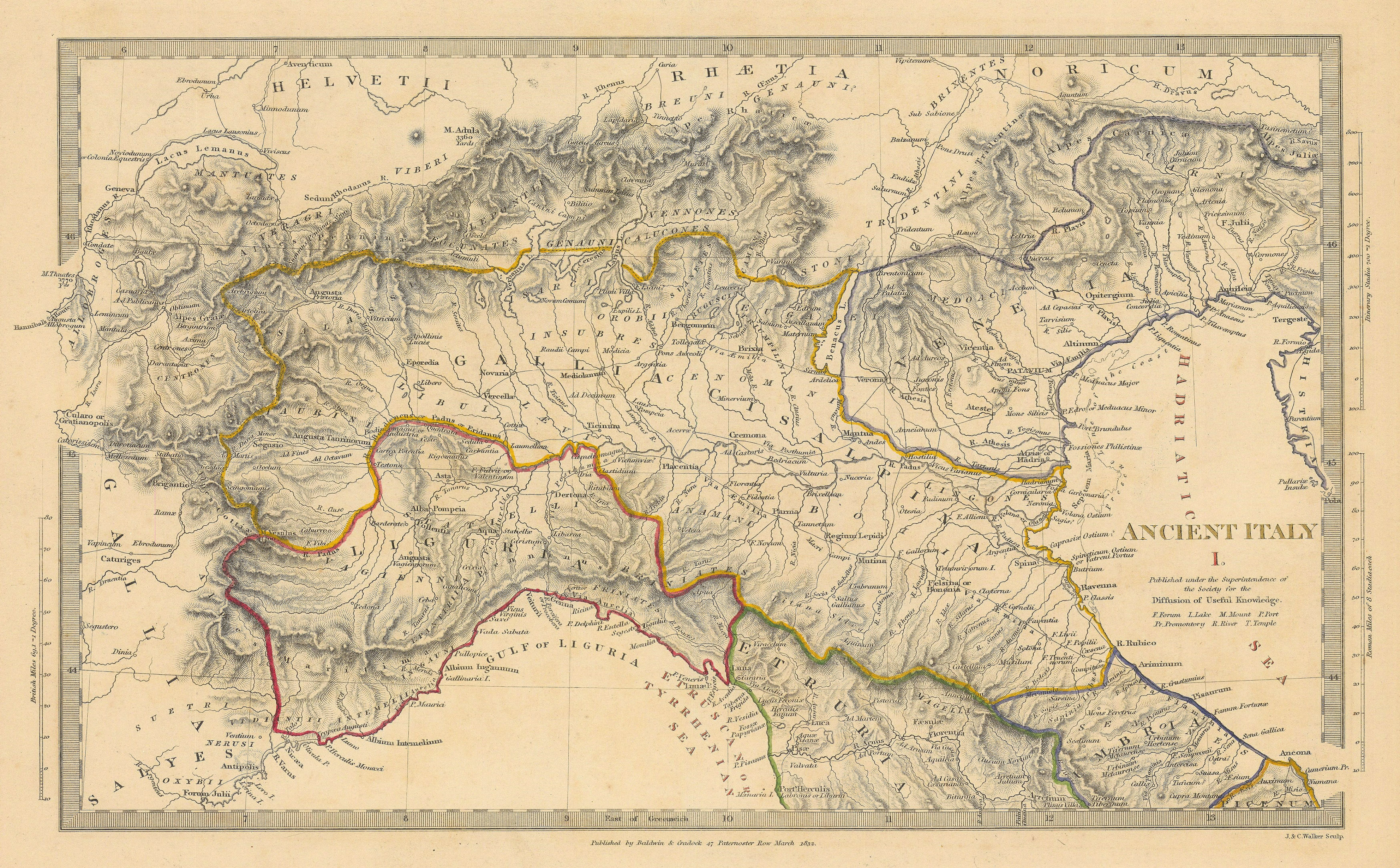 ANCIENT ROMAN ITALY NORTH.Liguria Venetia Gallia Cisalpina.Roads.SDUK 1844 map