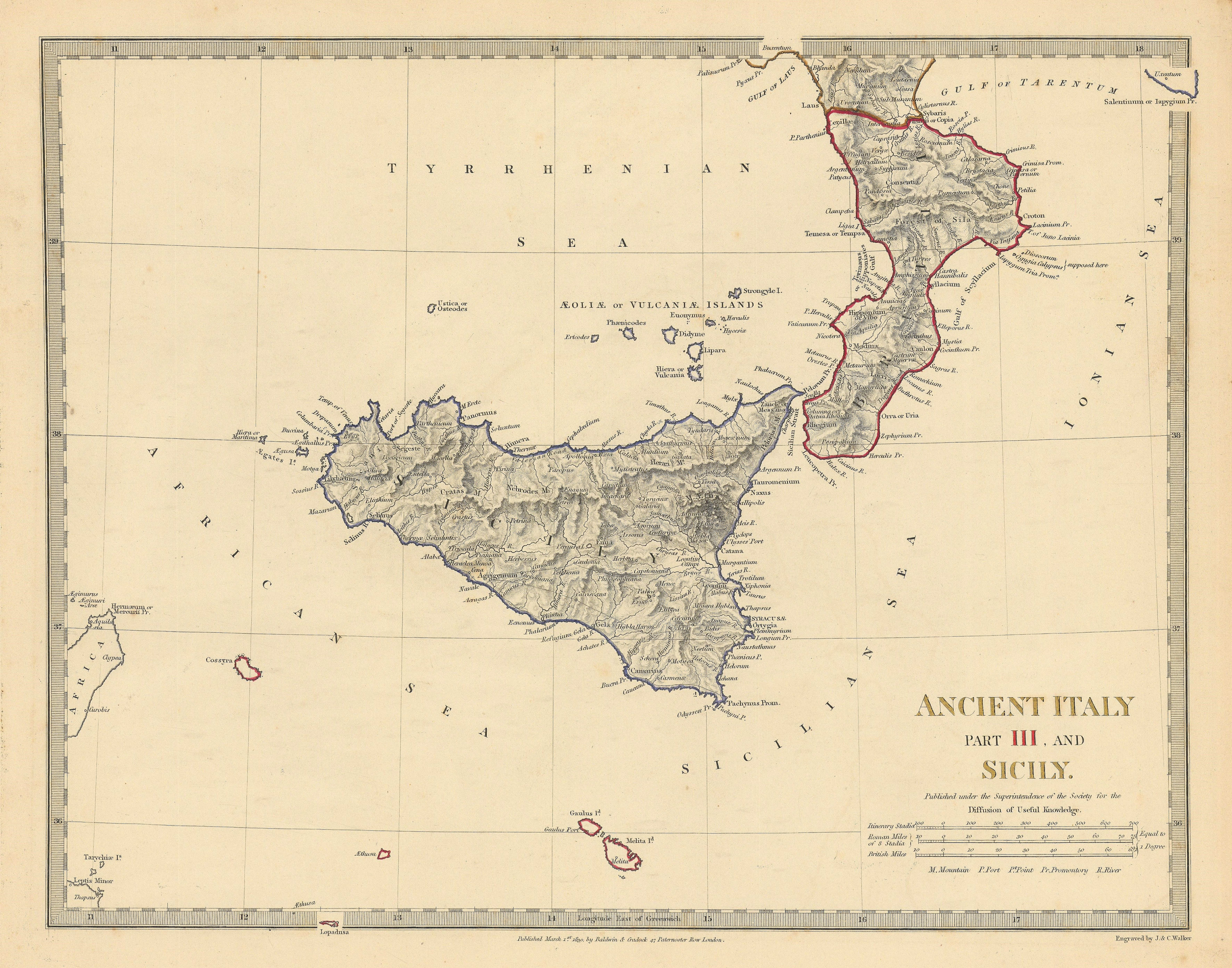 Associate Product ANCIENT ITALY SOUTH.Sicily Brutii Melita (Malta).Original colour.SDUK 1844 map
