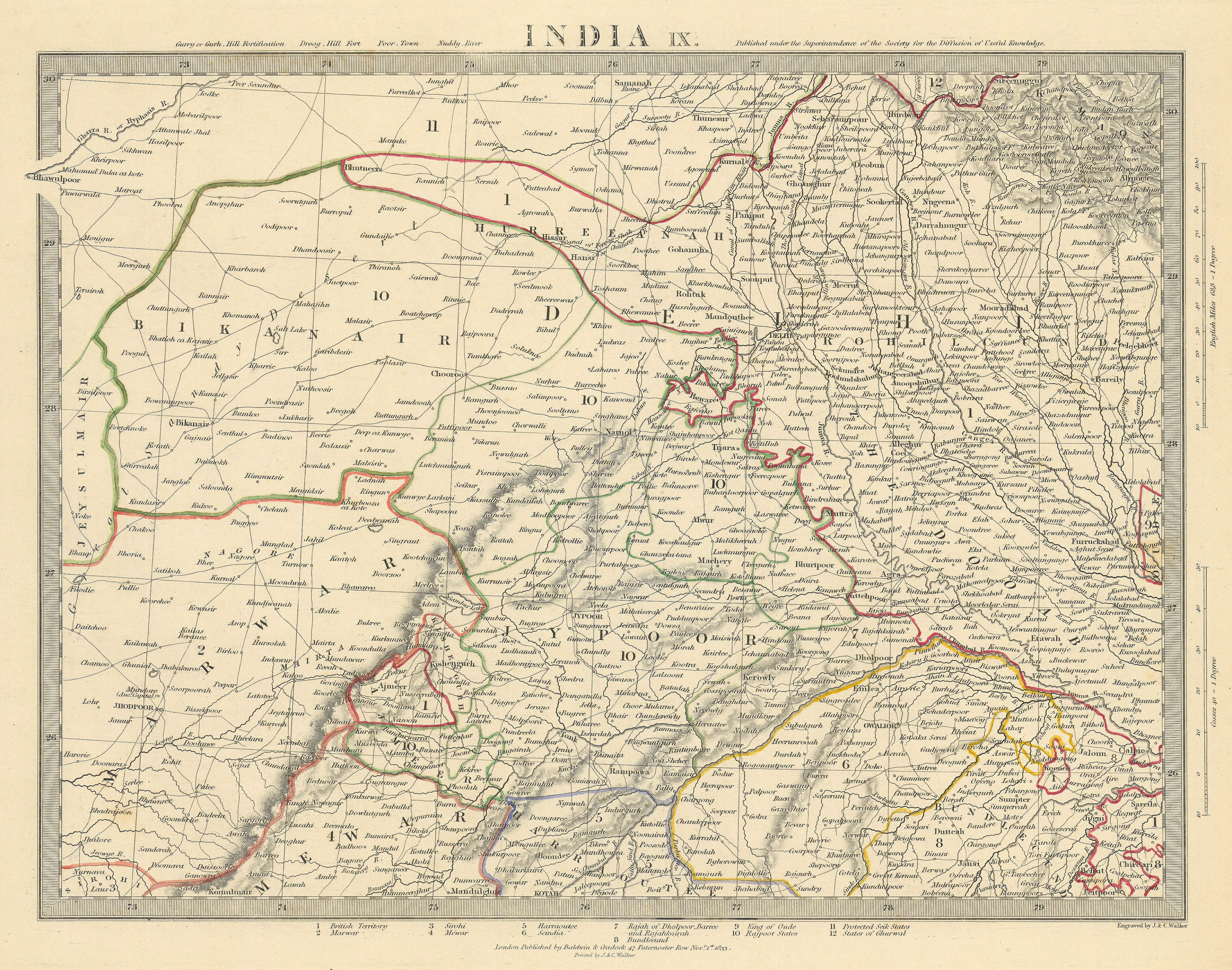 RAJASTHAN. India. Delhi Jaipur Marwar Bikaner Mewar Bundelkhand. SDUK 1844 map