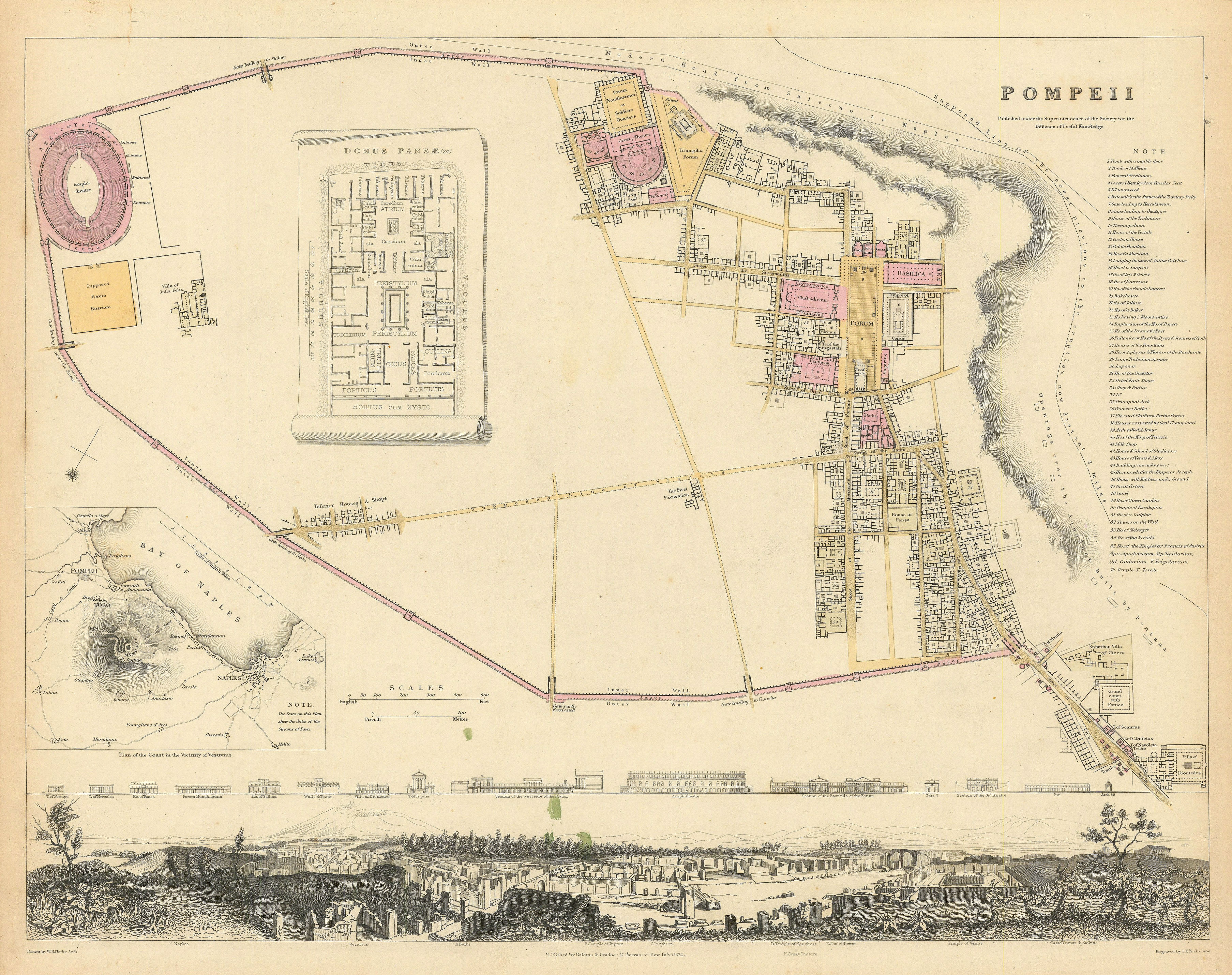 Associate Product POMPEII. Antique town city map & panorama. Domus Pansae;Bay of Naples.SDUK 1844