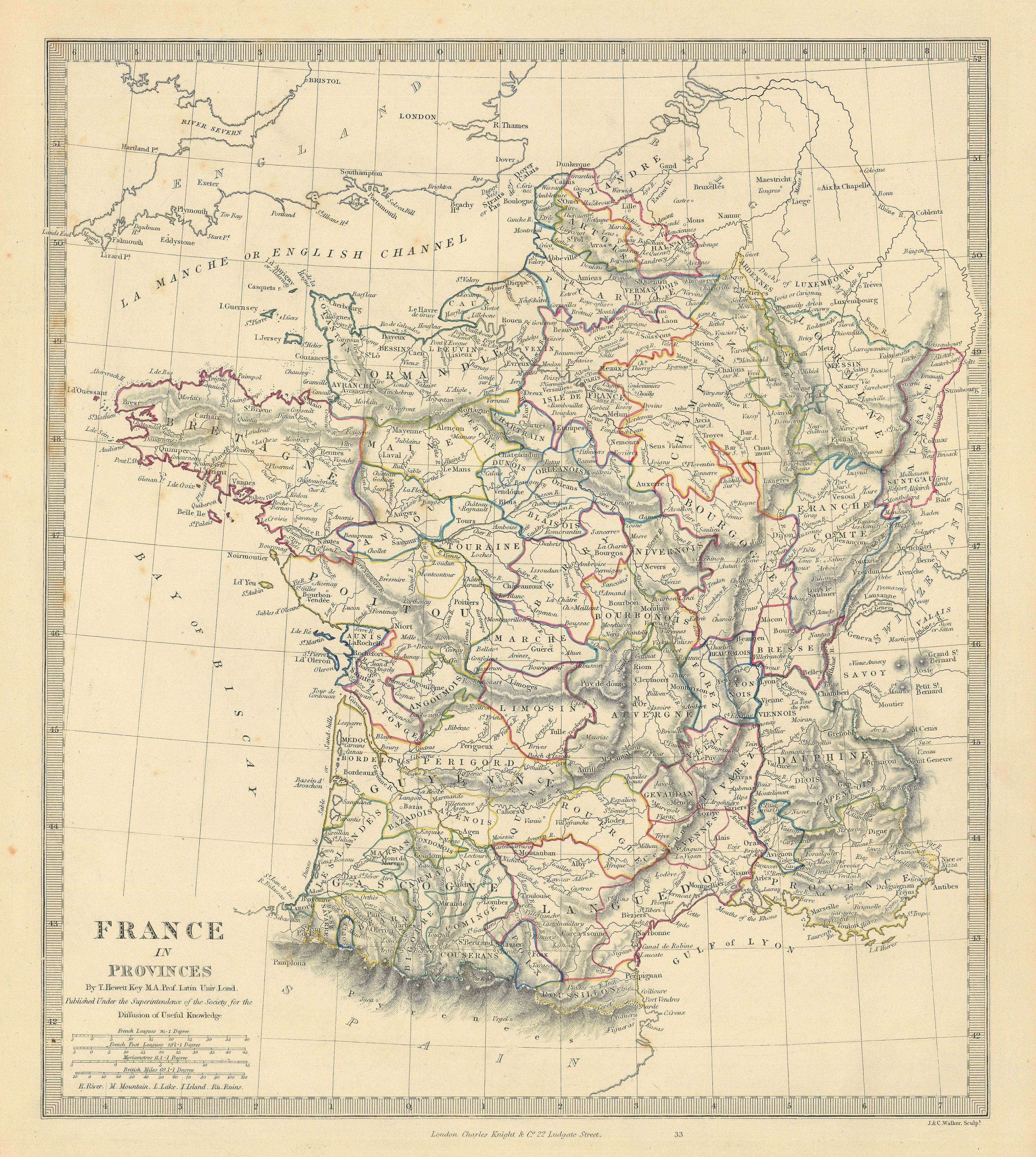 FRANCE IN PROVINCES. Shows provinces <1790. Original hand colour. SDUK 1845 map