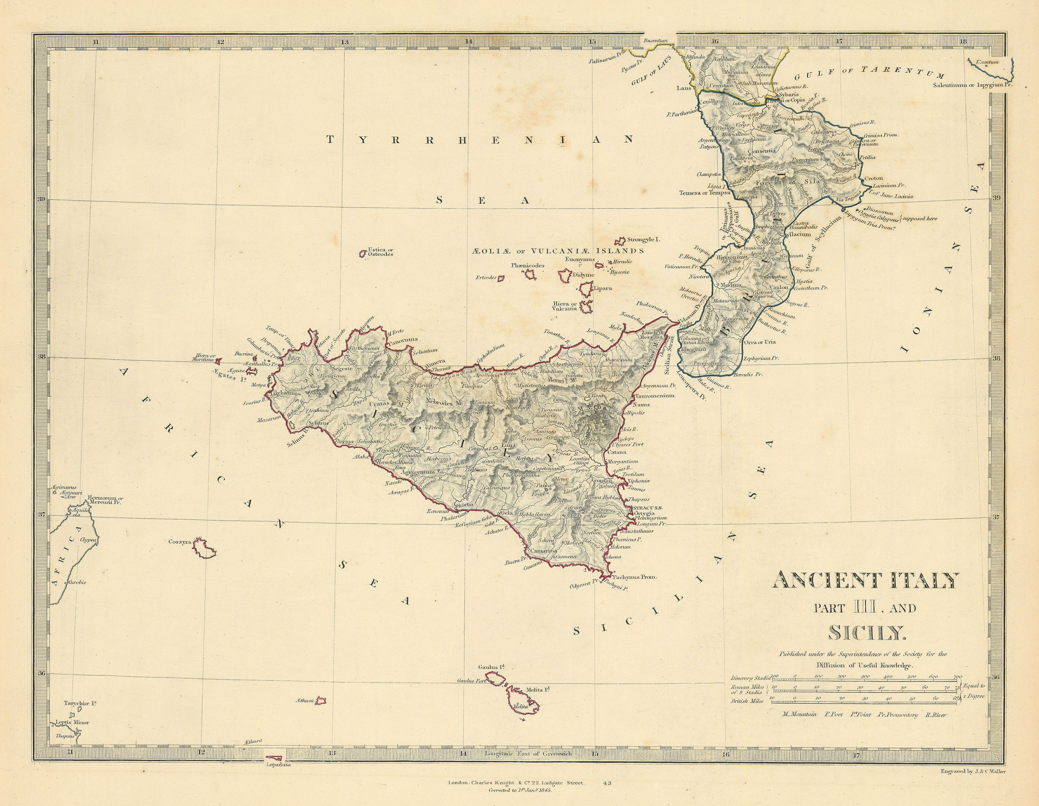 Associate Product ANCIENT ITALY SOUTH. Sicily Brutii Melita Malta. Original colour. SDUK 1845 map
