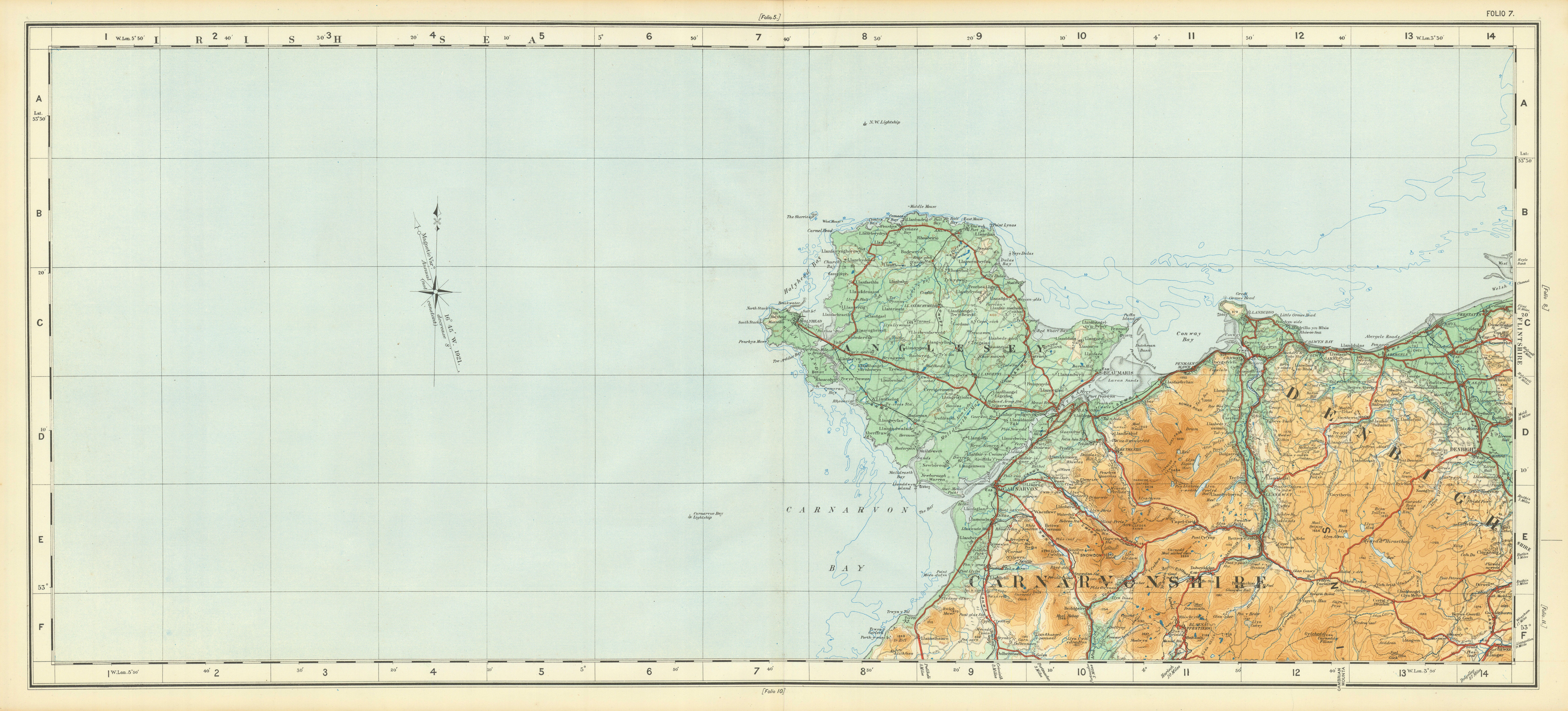 North Wales coast. Anglesey Carnarvonshire Denbighshire ORDNANCE SURVEY 1922 map