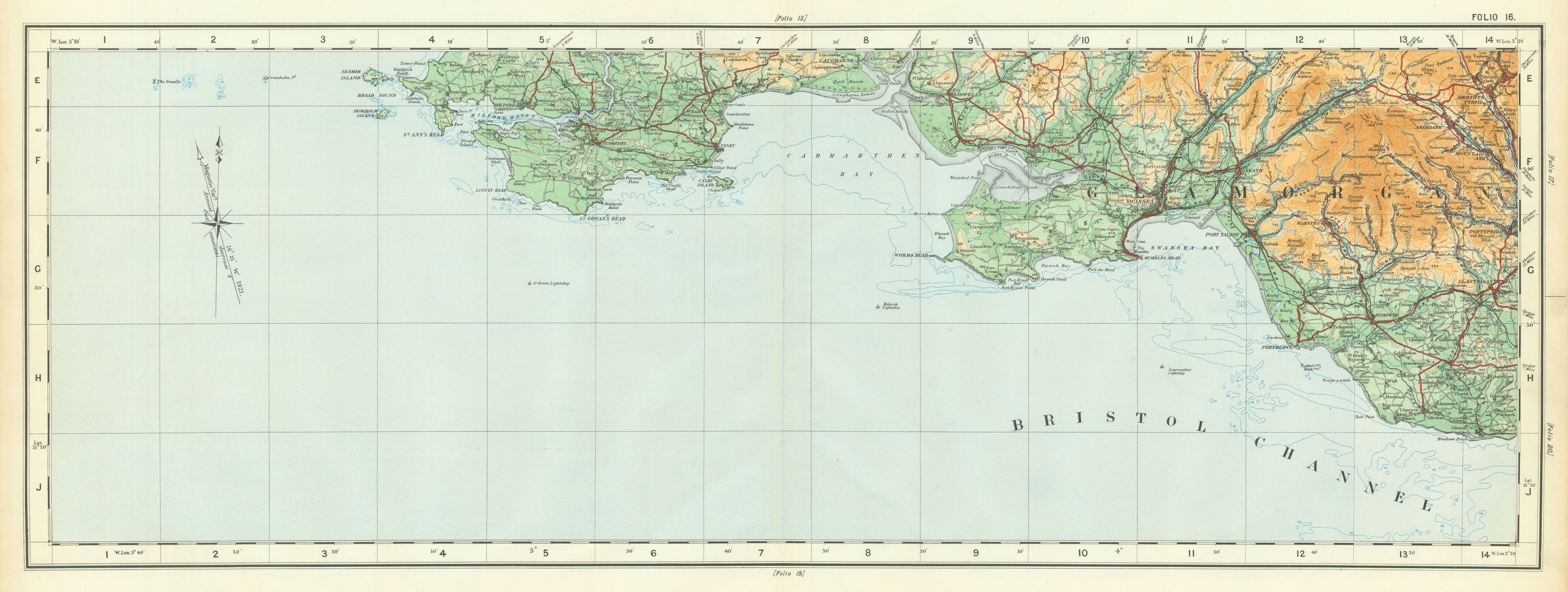 South Wales coast. Pembrokeshire Carmarthen Glamorgan ORDNANCE SURVEY 1922 map